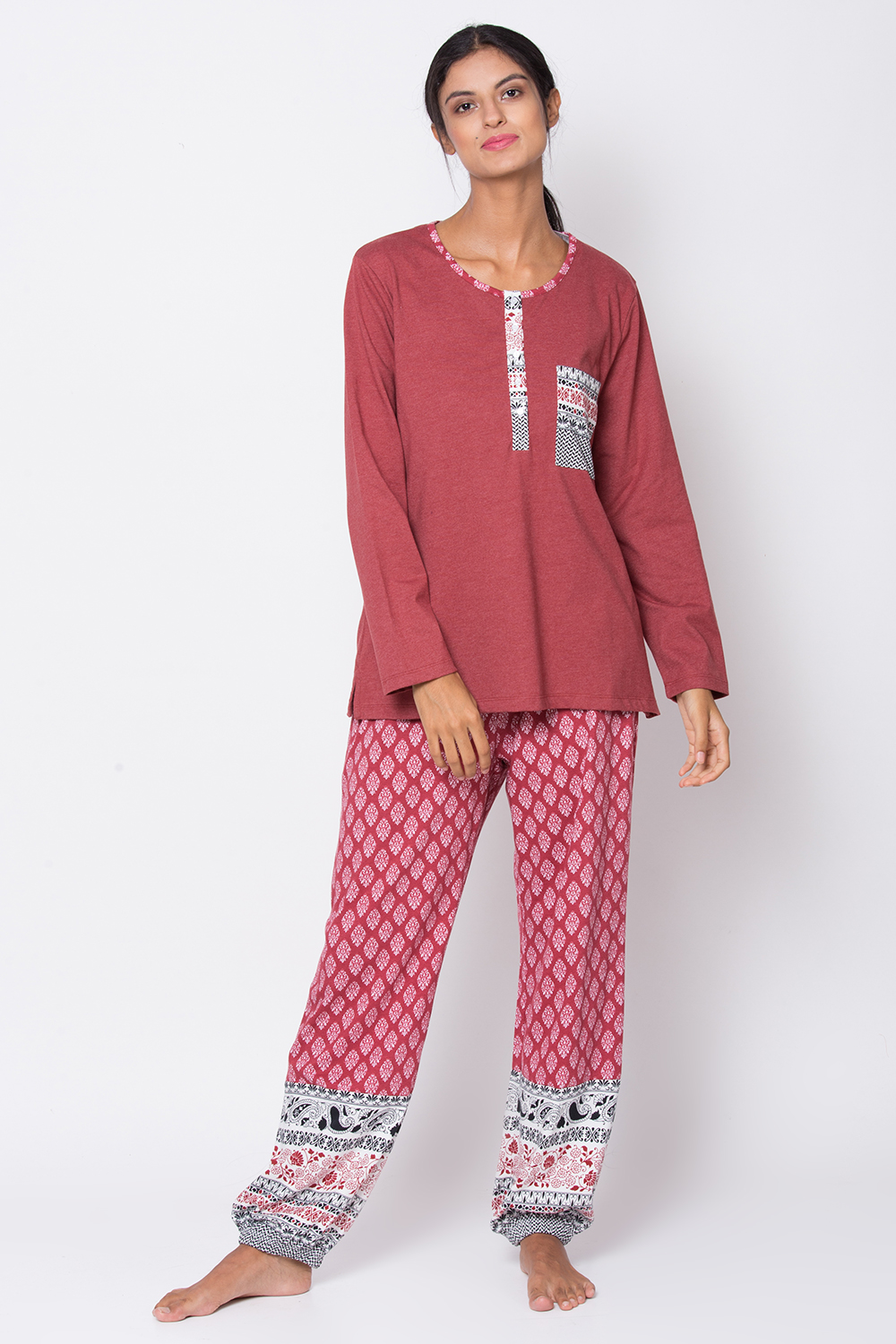 Brick Red Poly Cotton Printed Loungewear Set image number 5