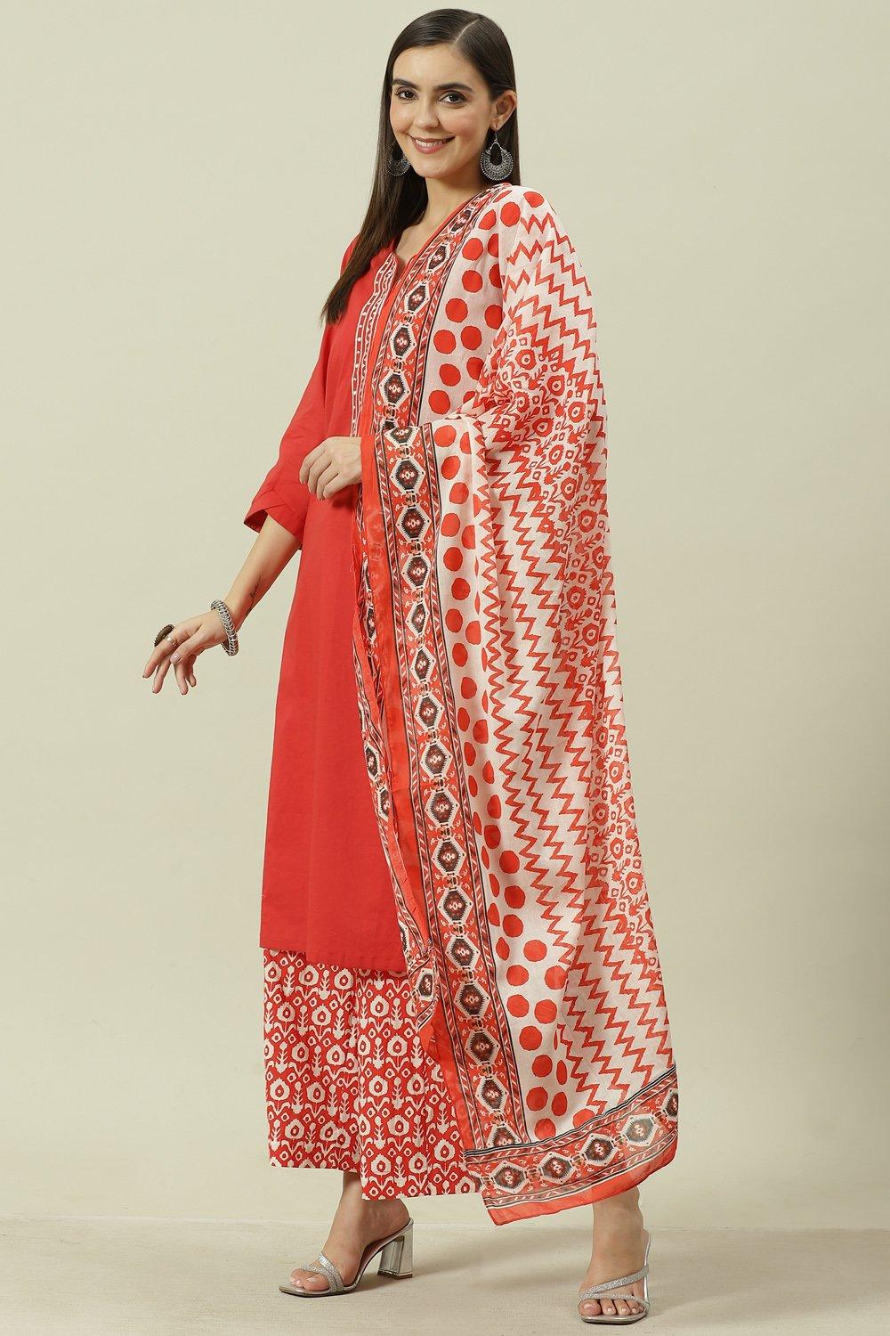 Red Solid Cotton Straight Kurta Regular Pants Suit Set image number 5