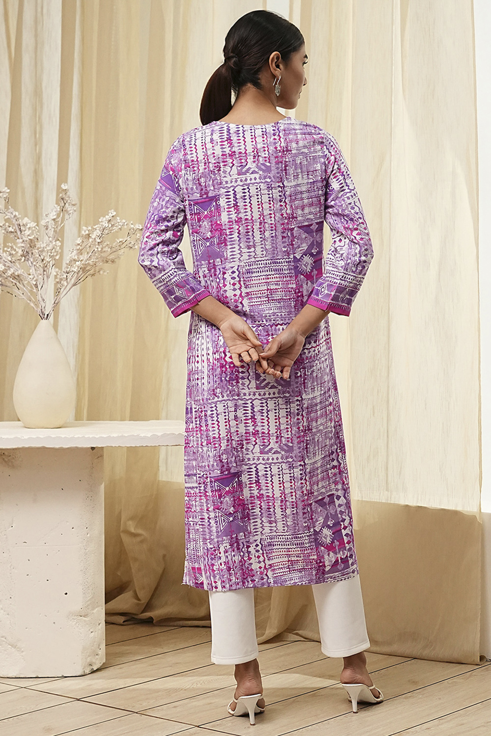 Lavender Printed Straight Kurta image number 3