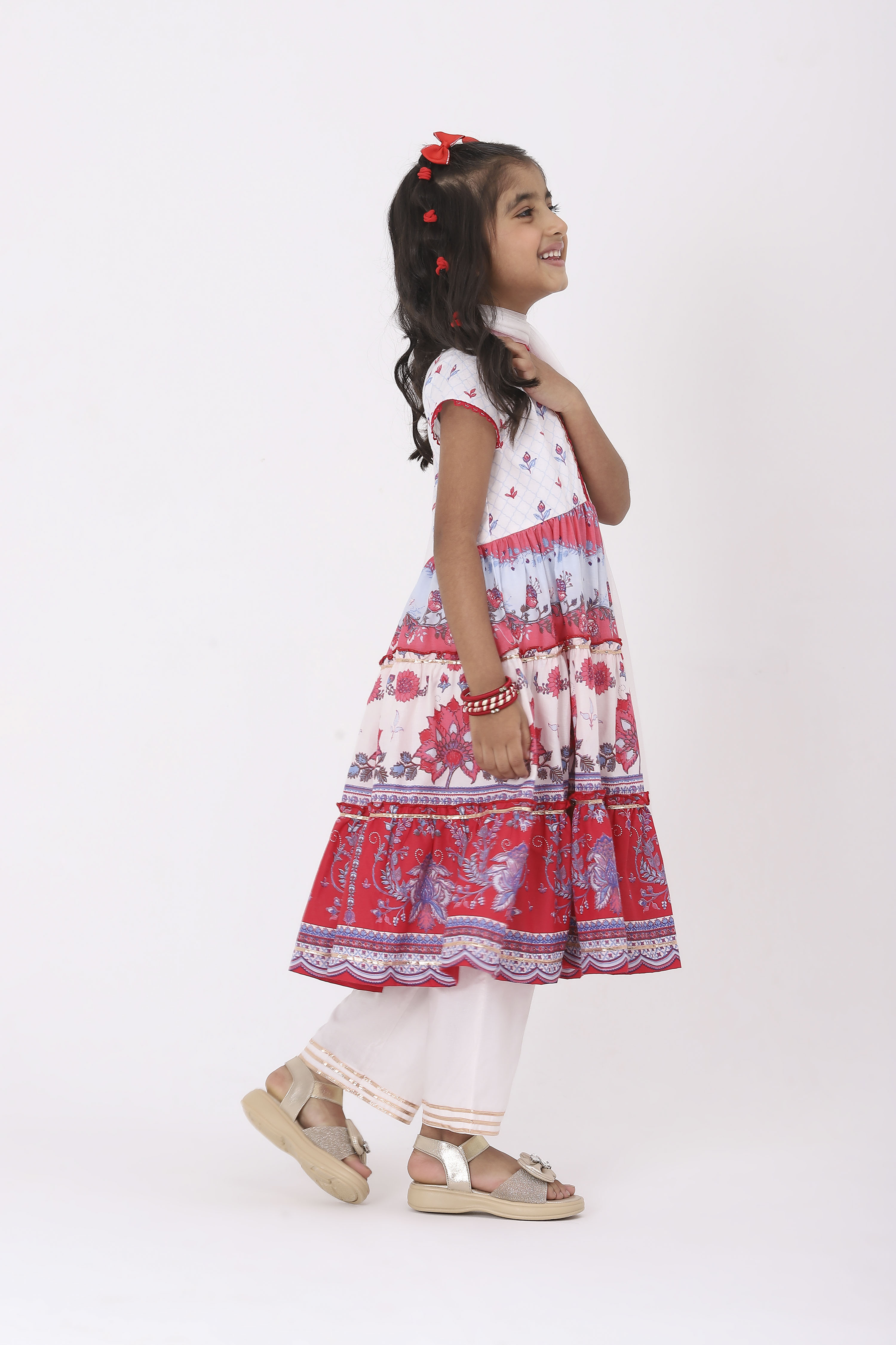 White Cotton Printed Tiered Suit Set image number 4