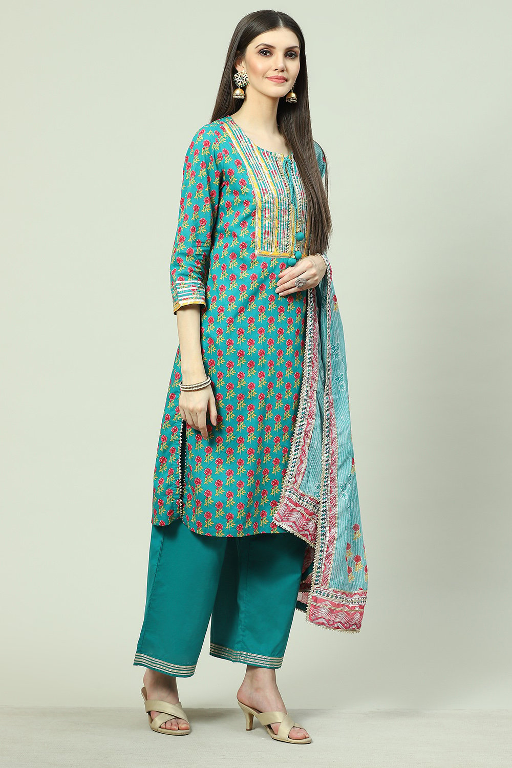 Teal Cotton Straight Kurta Palazzo Suit Set image number 5