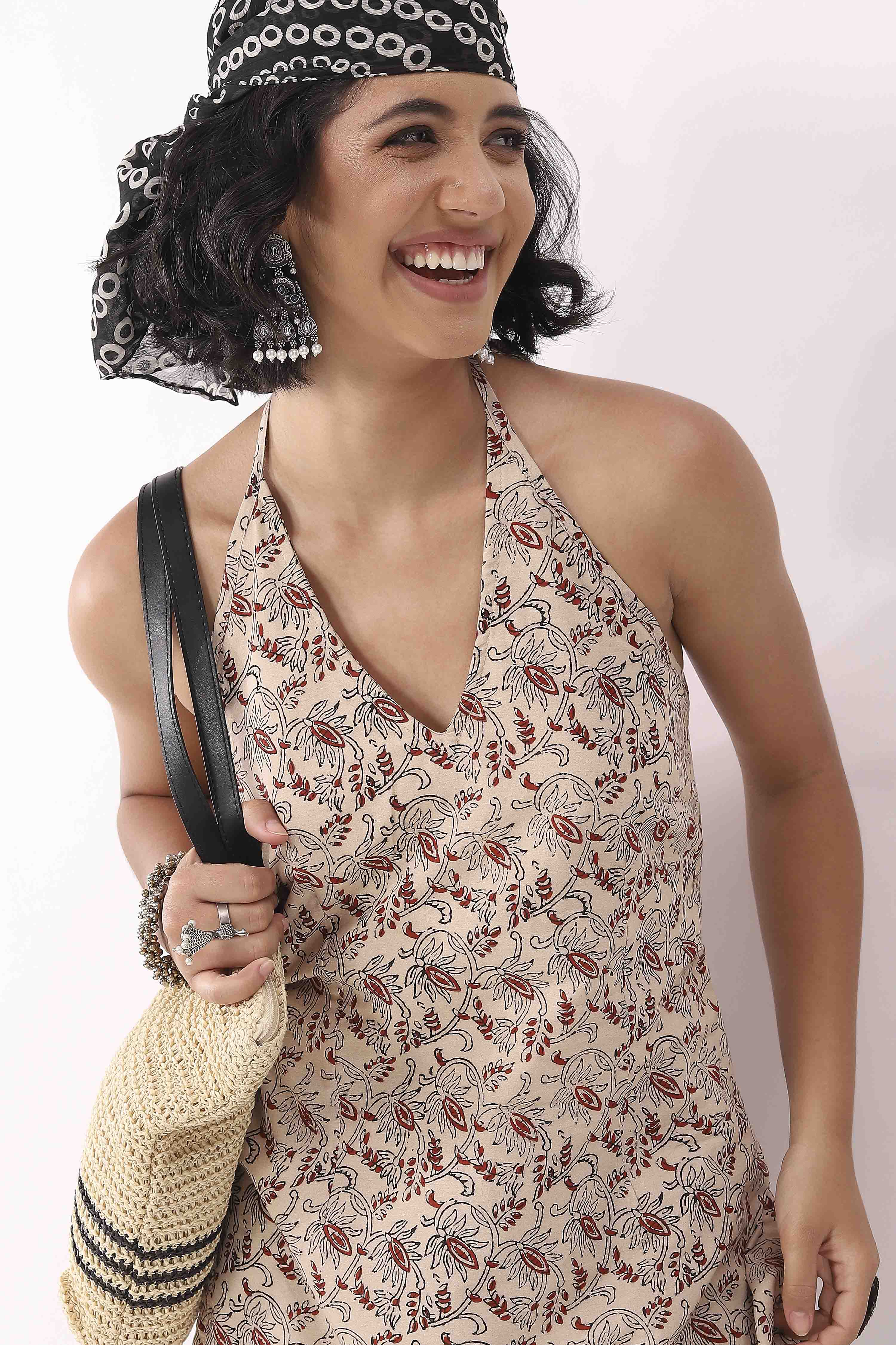 Beige Cotton Printed A Line Short Kurti image number 1