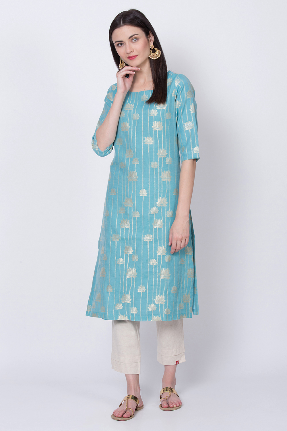 Light Turquoise Poly Metallic Cotton Straight Yarndyed Kurta image number 0