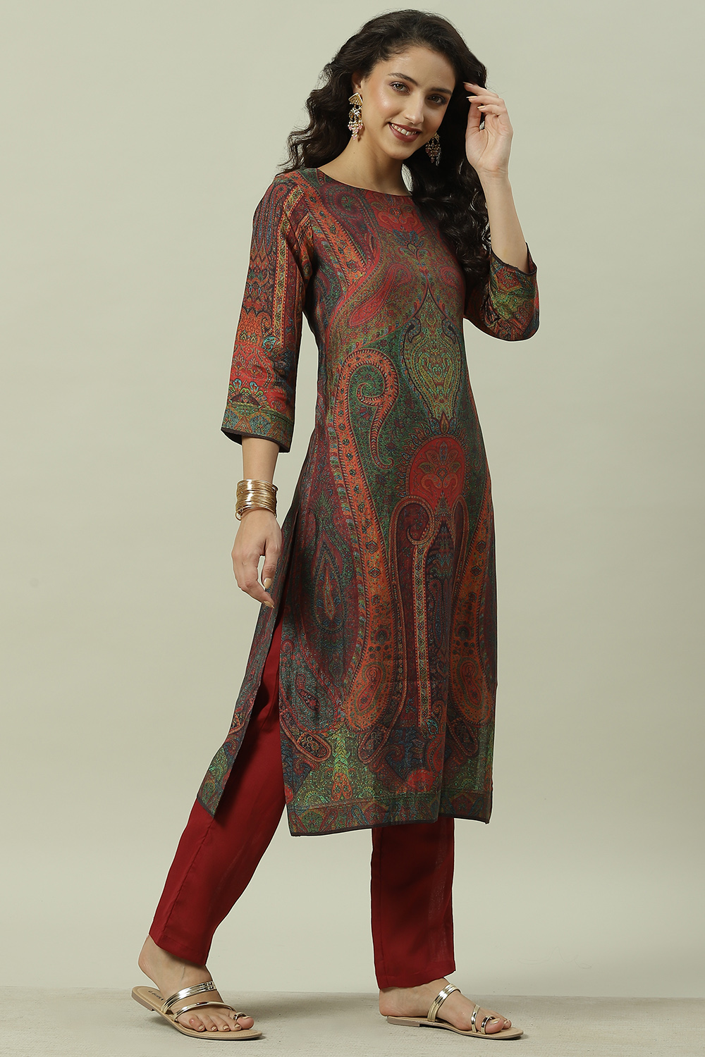 Burnt Orange Rayon Straight Printed Kurta image number 2