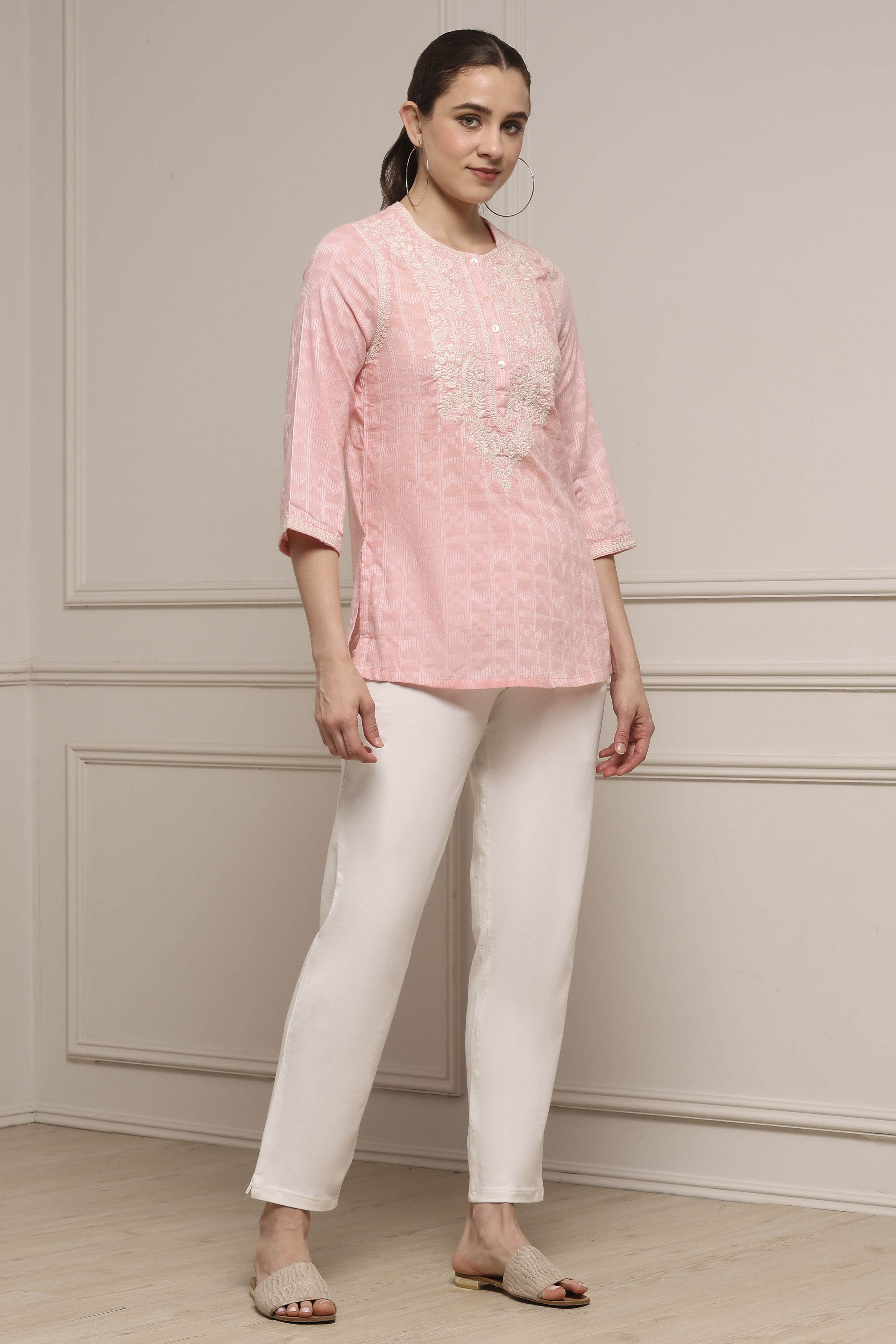 Blue Cotton Lycra Straight Pants image number 0