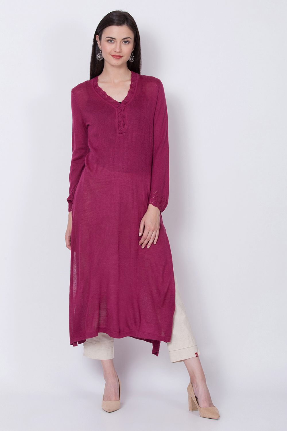 Wine Pink Acrylic And Wool Straight Solid Kurta image number 1
