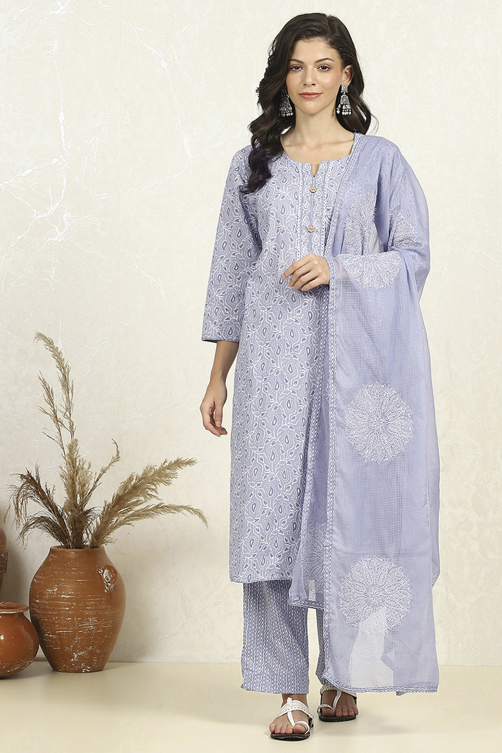 Blue Cotton Unstitched Suit Set image number 7