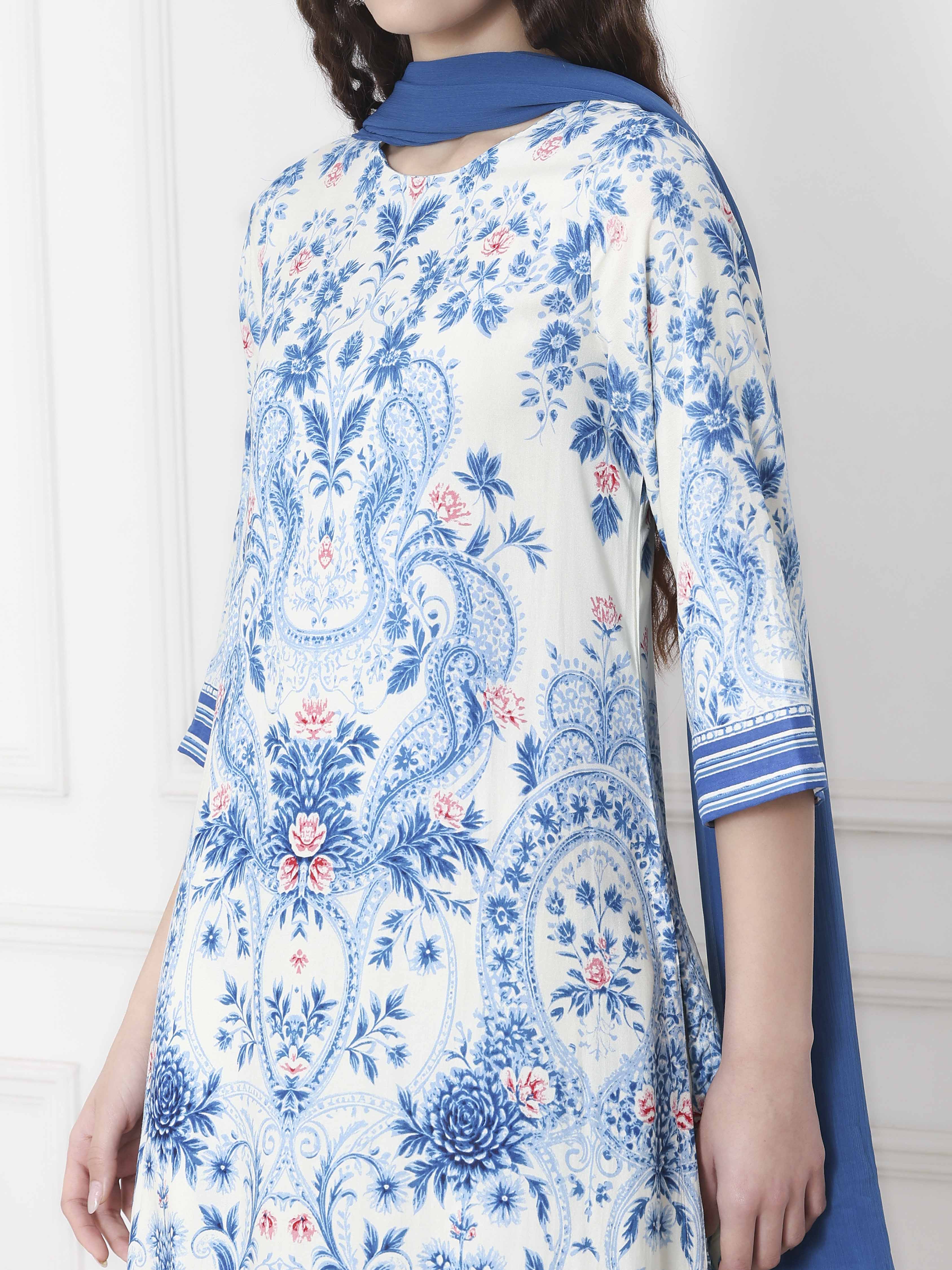 Pink and White Printed Straight Suit Set image number 1