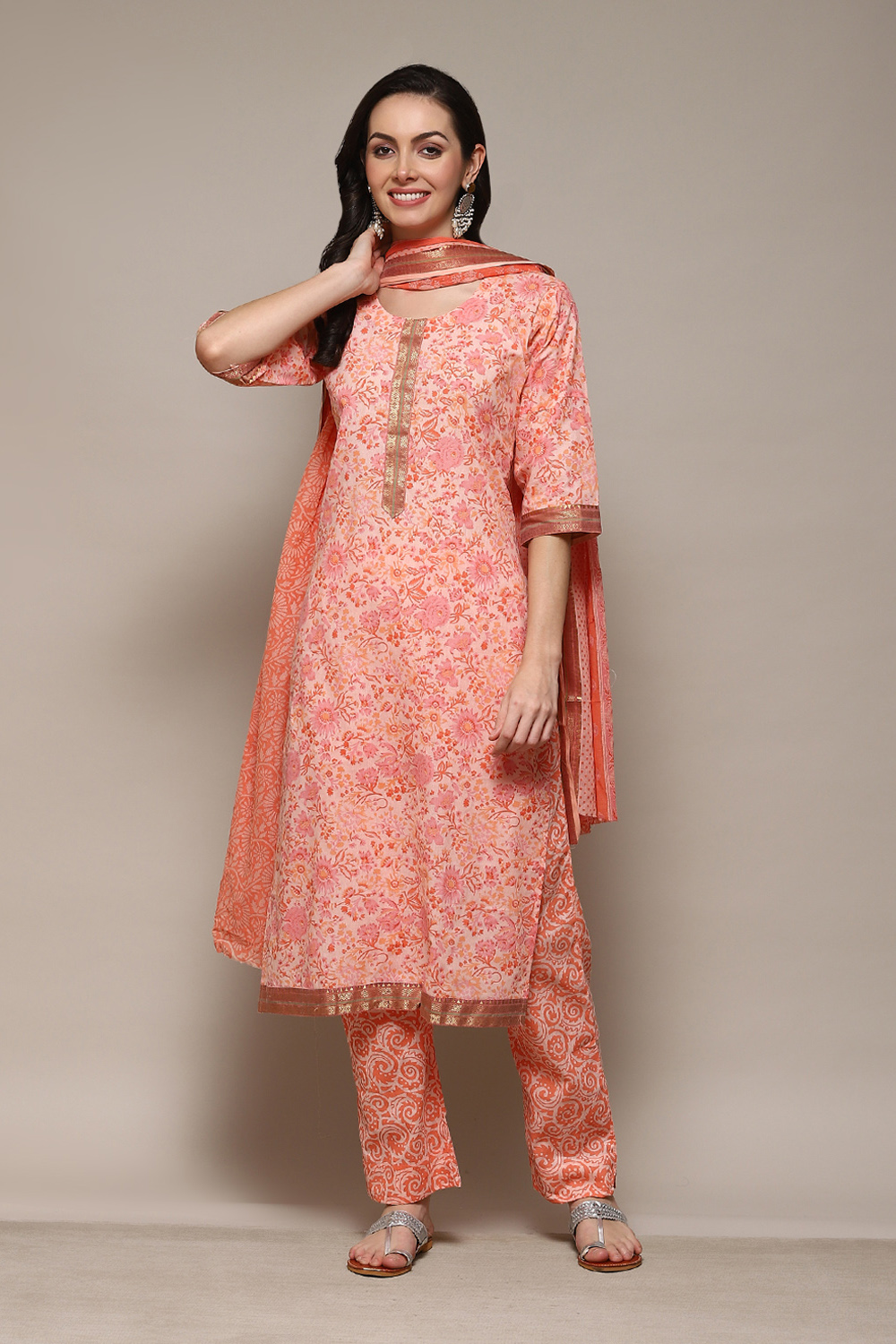 Peach Cotton Hand Block Print Unstitched Suit Set image number 8
