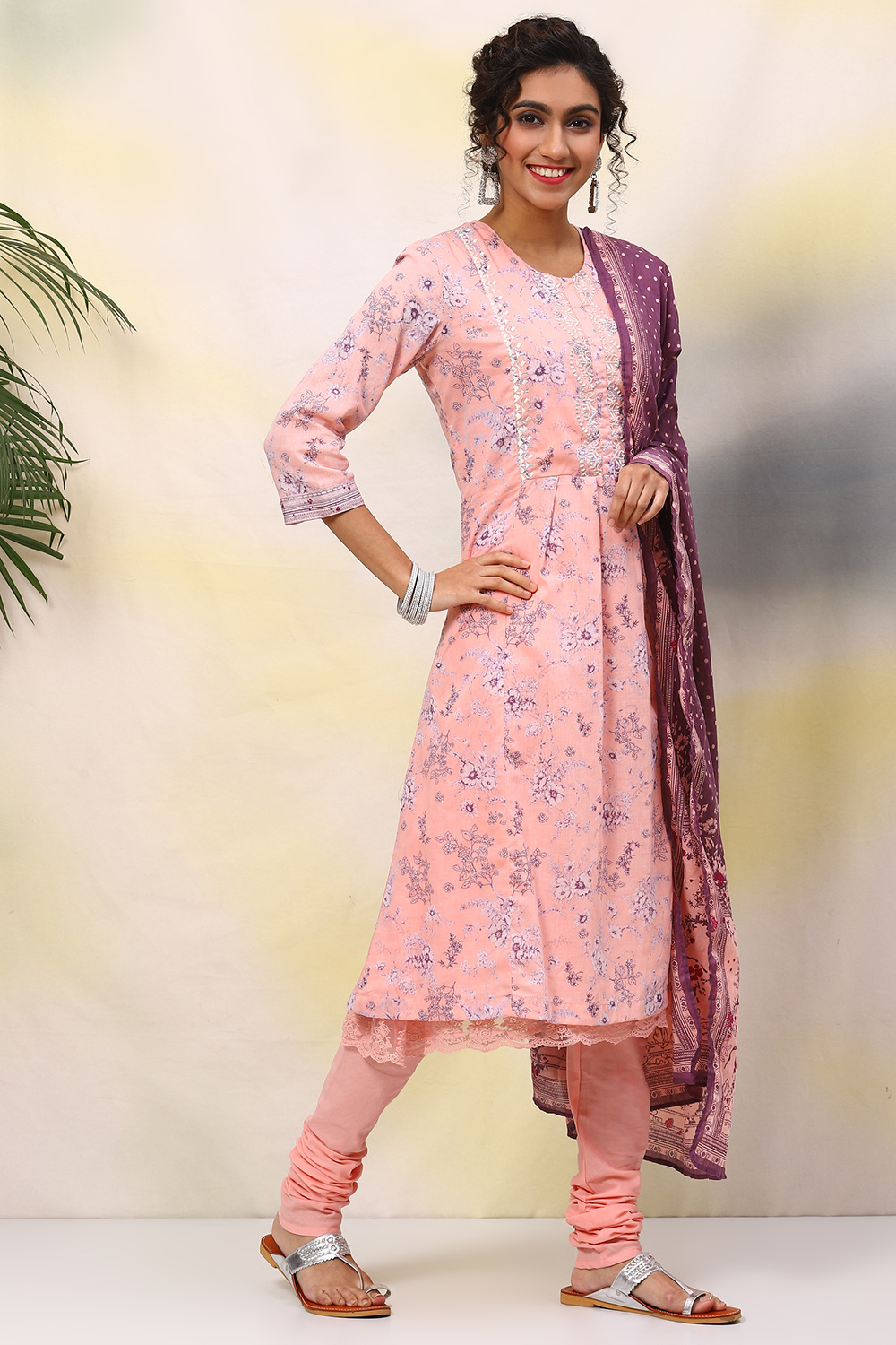 Pink Cotton A-Line Kurta Churidar Suit Set image number 7