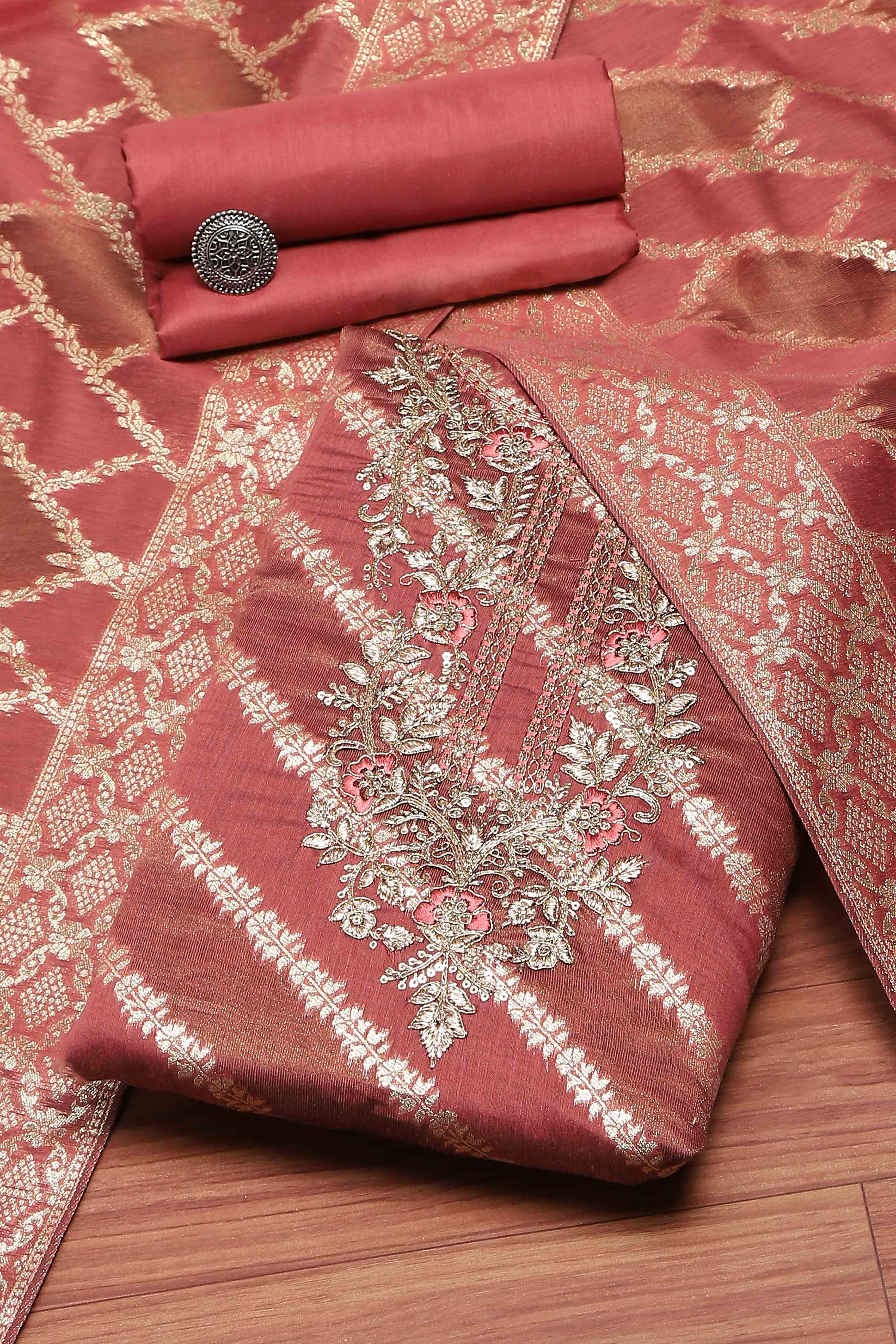 Botle Green Tissue Chanderi Embroidered Unstitched Suit Set image number 1