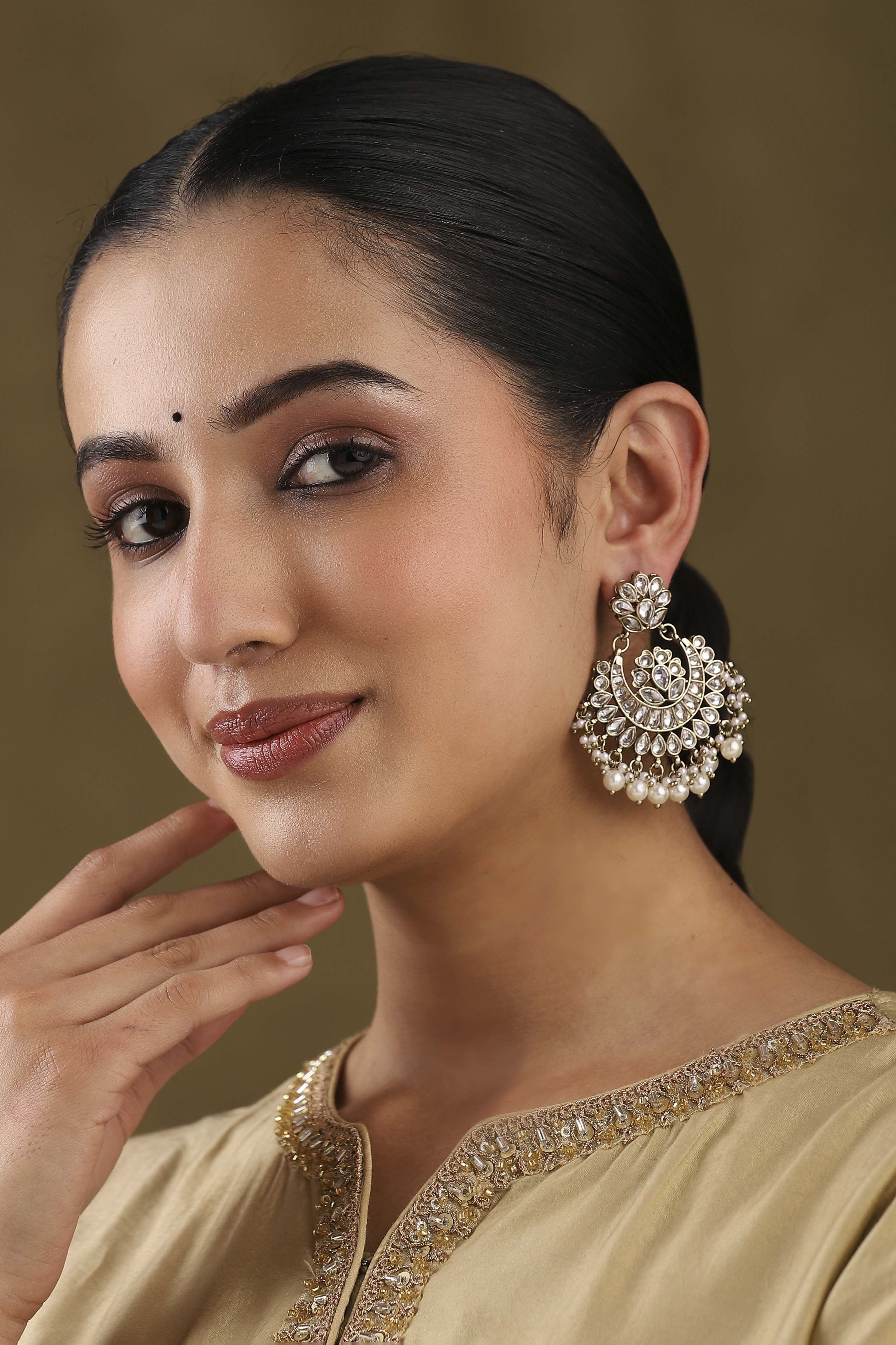 Silver-Toned Gold Plated Brass Studded Chandbalis image number 5