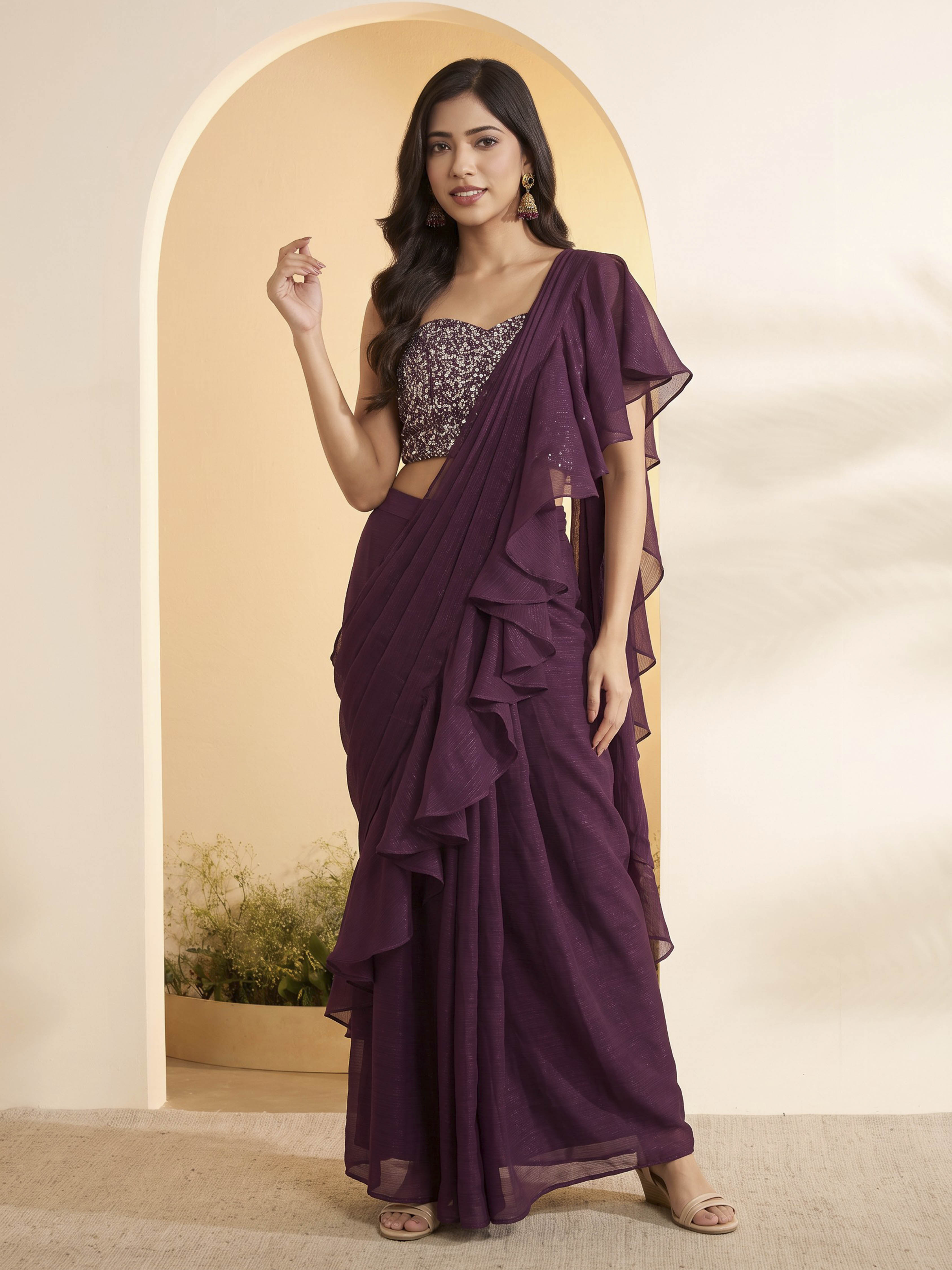 Wine Nylon Gathered Saree image number 0