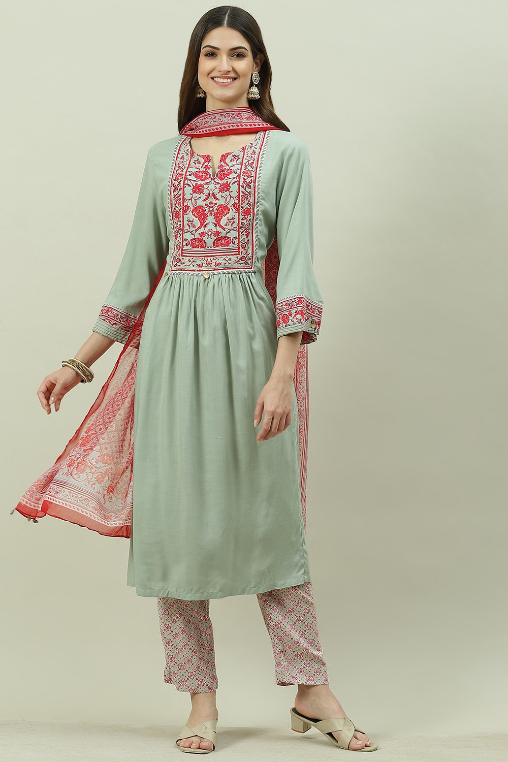 Jade Green Rayon A-Line Kurta Slim Pant Suit Set image number 0