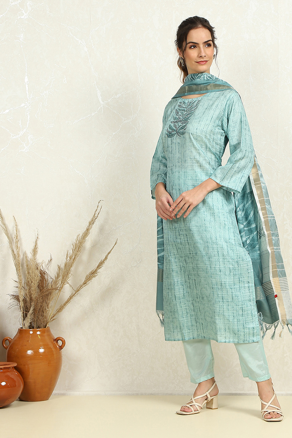 Blue Tussar Printed Unstitched Suit Set image number 5