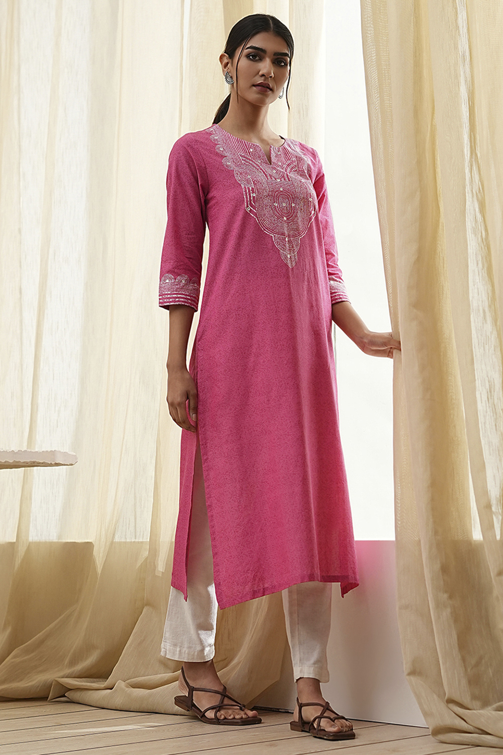 Pink Pure Cotton Printed Straight Kurta image number 0