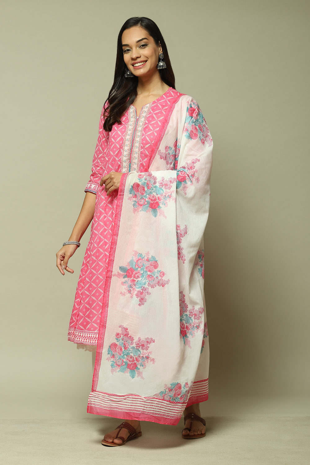 Pink Cotton Anarkali Kurta Palazzo Suit Set image number 7