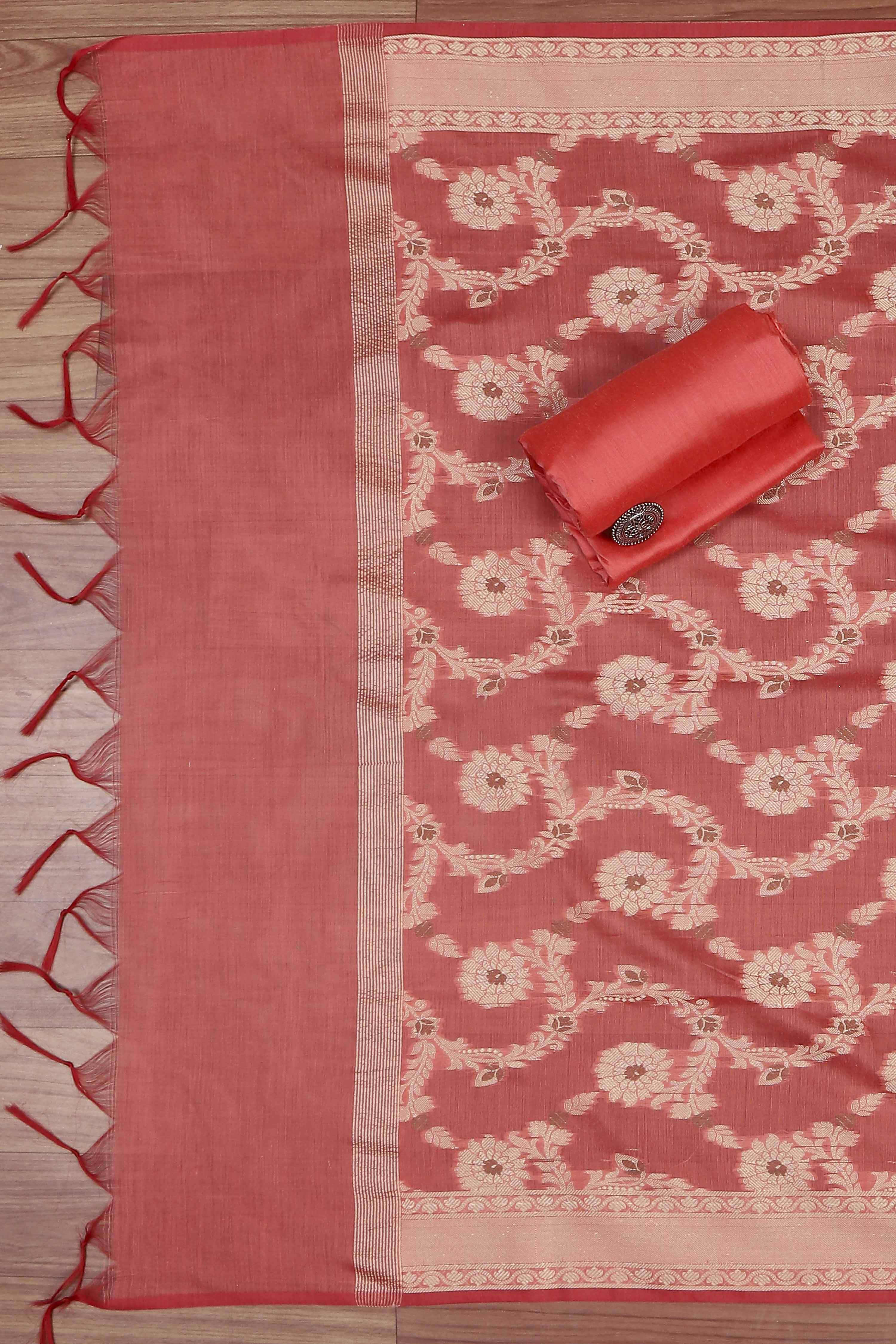 Red Chanderi  Unstitched Suit Set image number 3