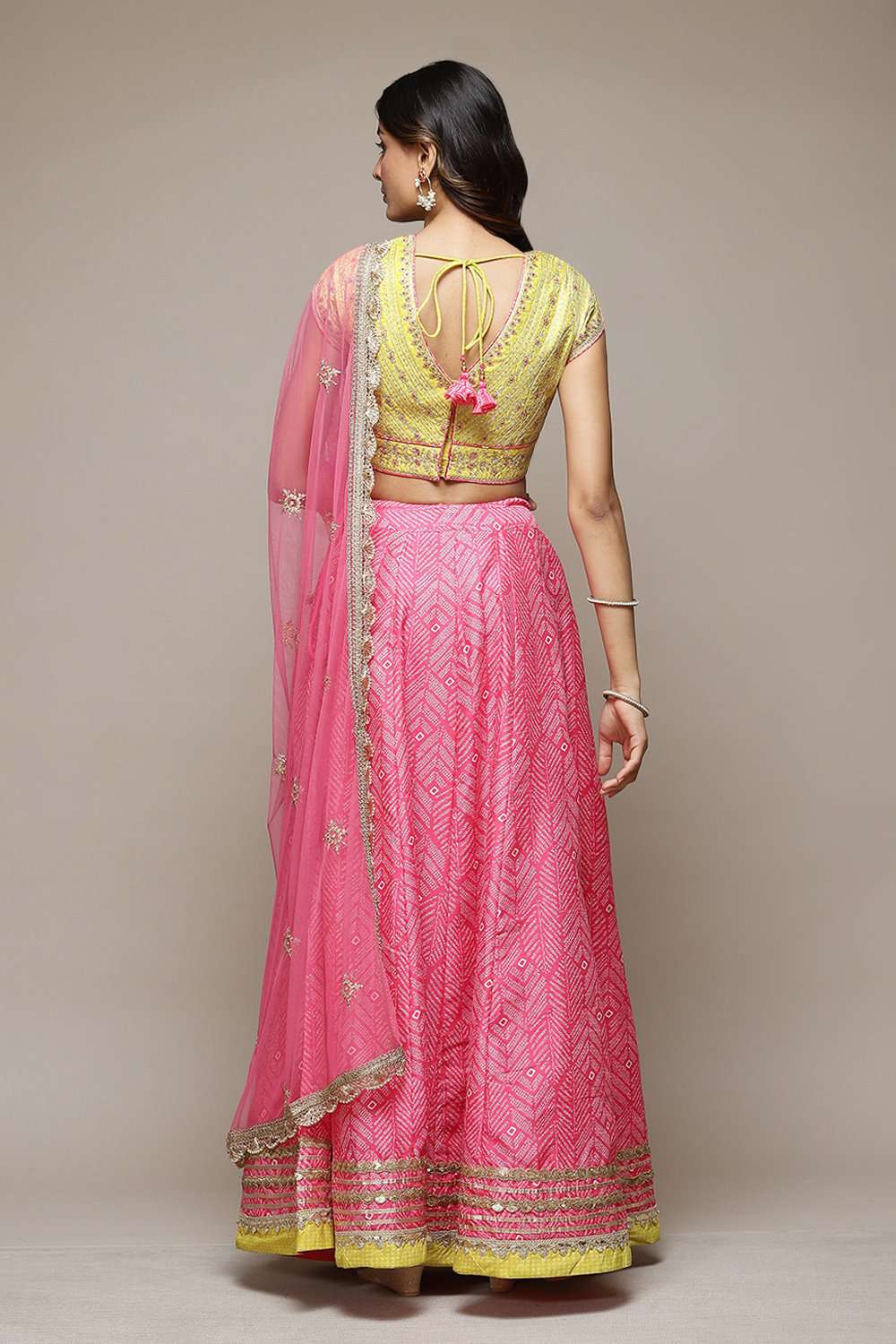 Fuschia & Lime Green Cotton Blend Lehenga Set image number 4