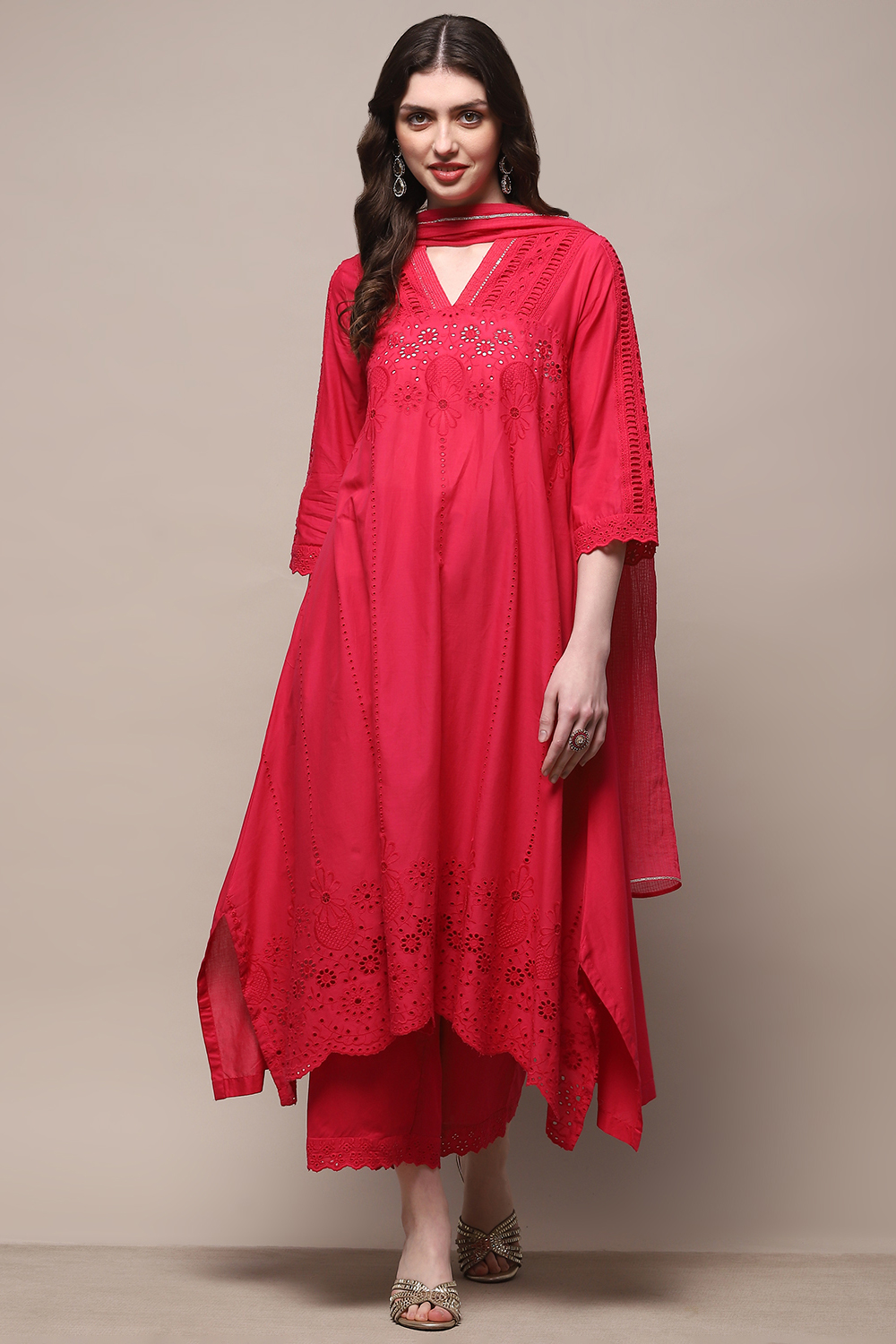 Pink Cotton Asymmetric Suit Set at Biba India