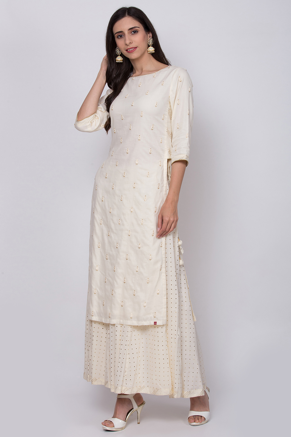 Off White Cotton Kurta Sharara Kurta Sharara Suit Set image number 2