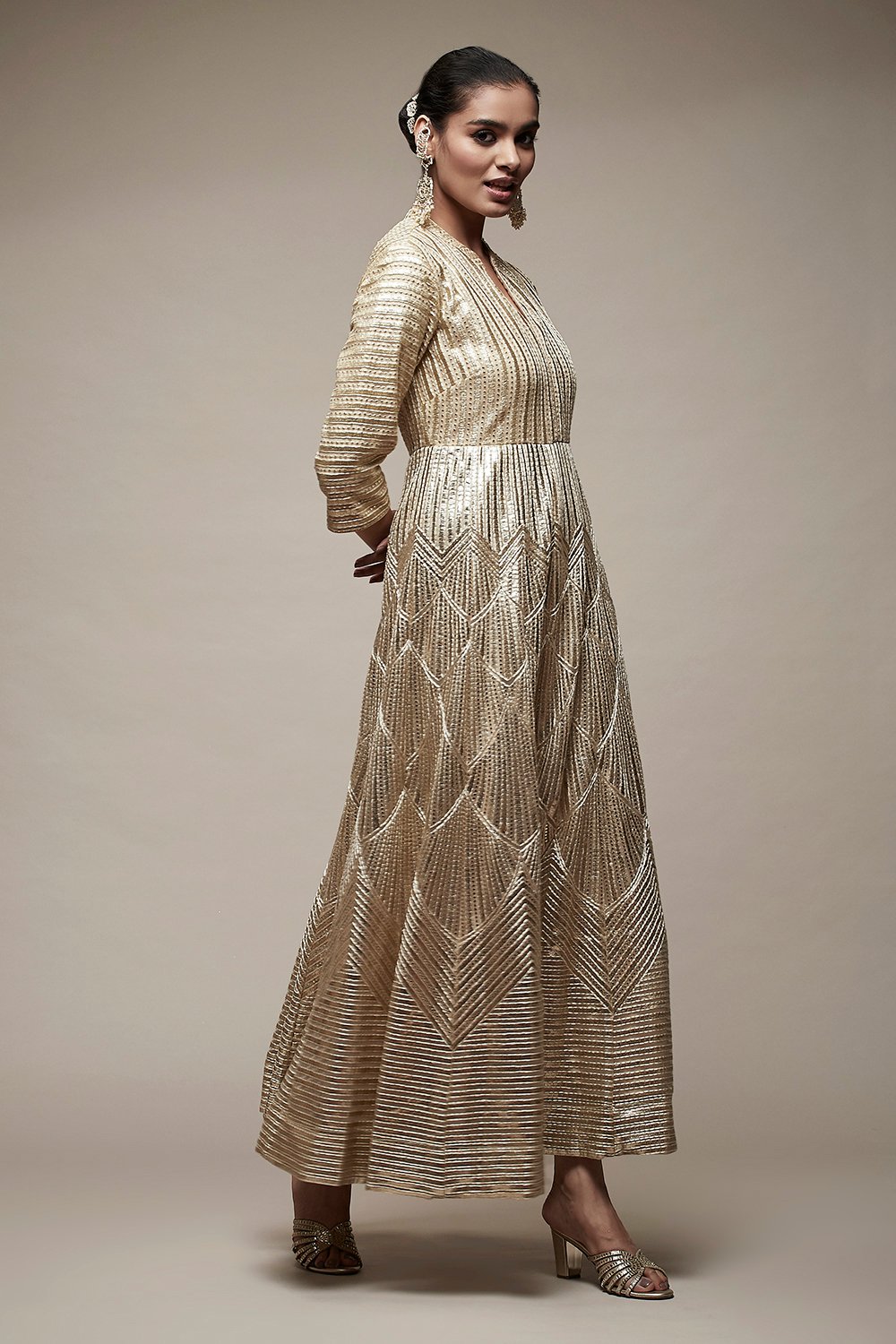 Gold Nylon Flared Cocktail Gown image number 4