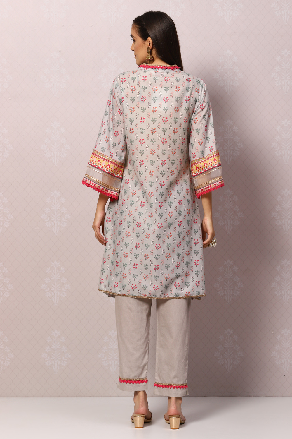 Grey Art Silk Straight Kurta Slim Pant Suit Set image number 4