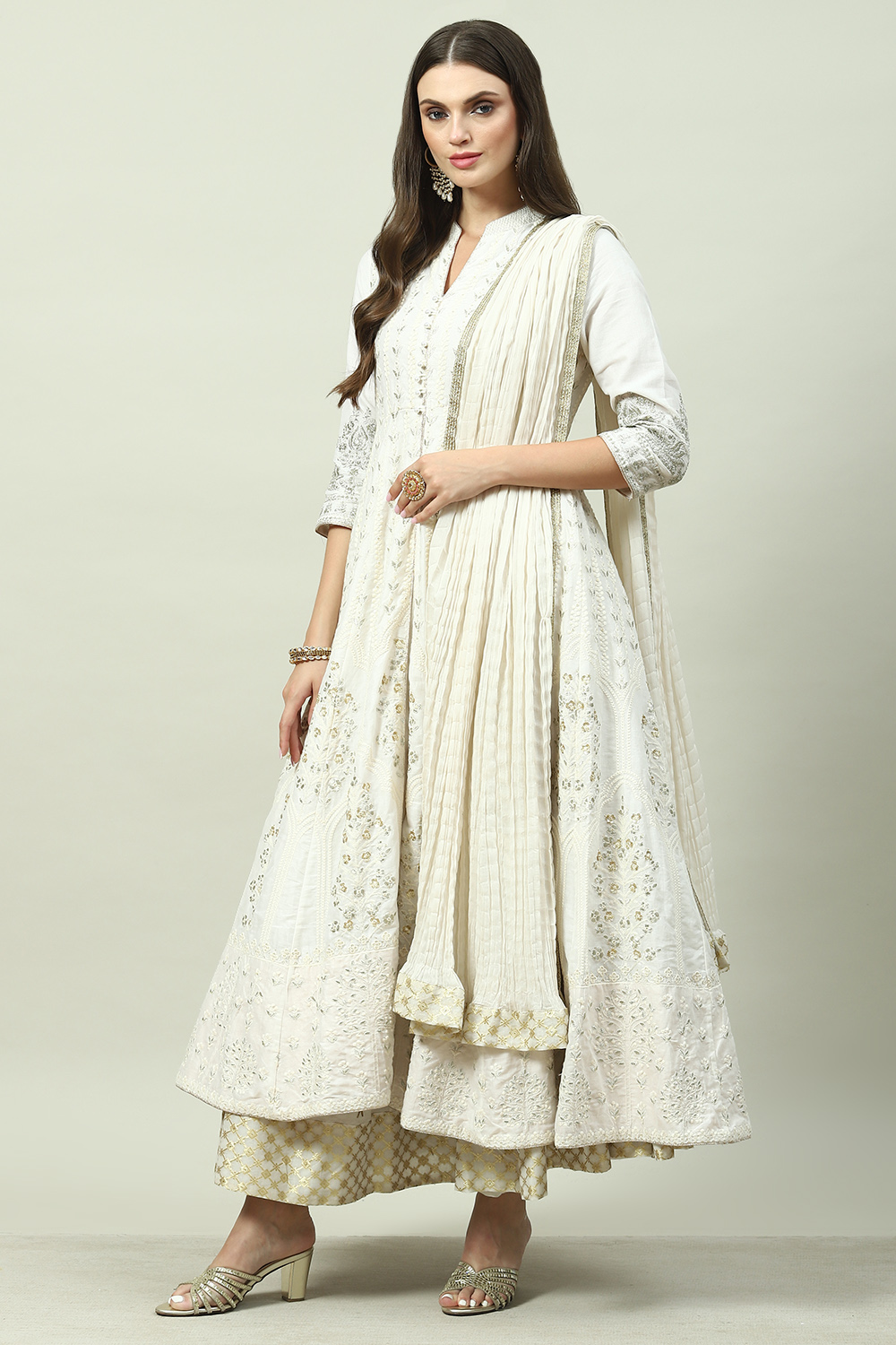 Off White Cotton Anarkali Kurta Lehenga Suit Set image number 5