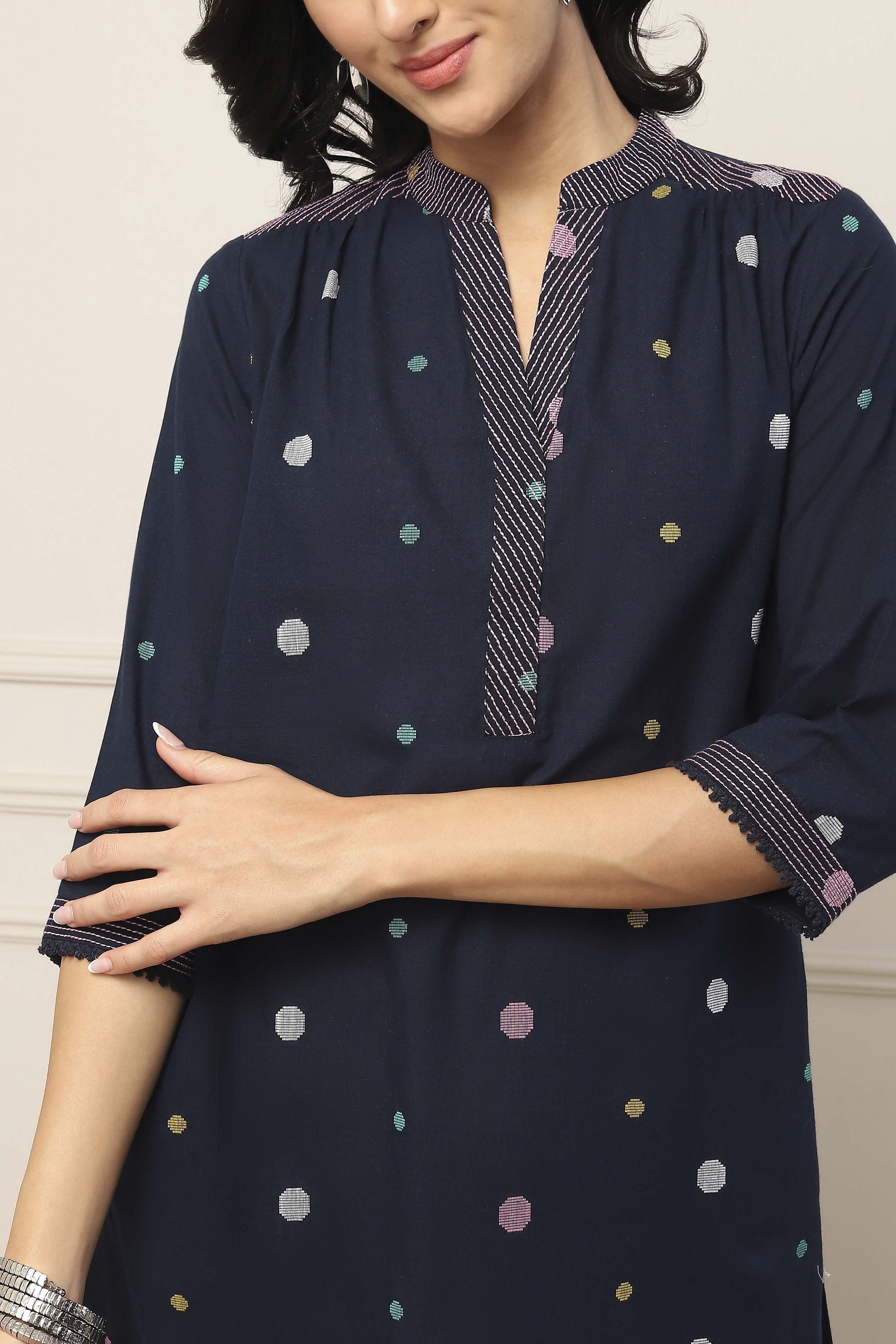 Navy Blue Cotton Polka Dot Straight Kurta image number 1