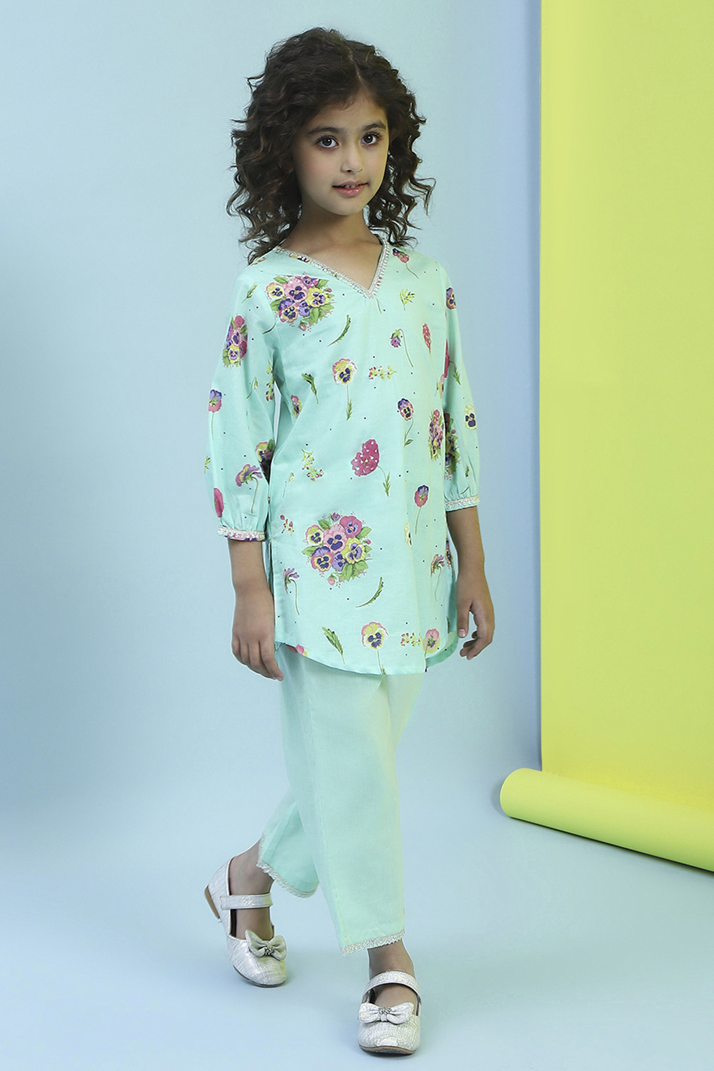 Turquoise Cotton Straight Suit Set image number 5