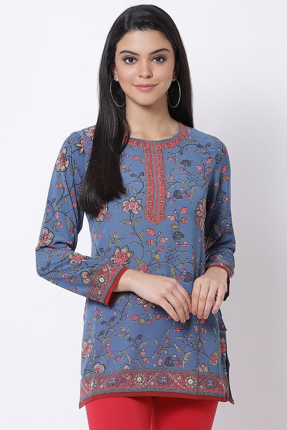 Blue Art Silk Straight Printed Kurti Biba India