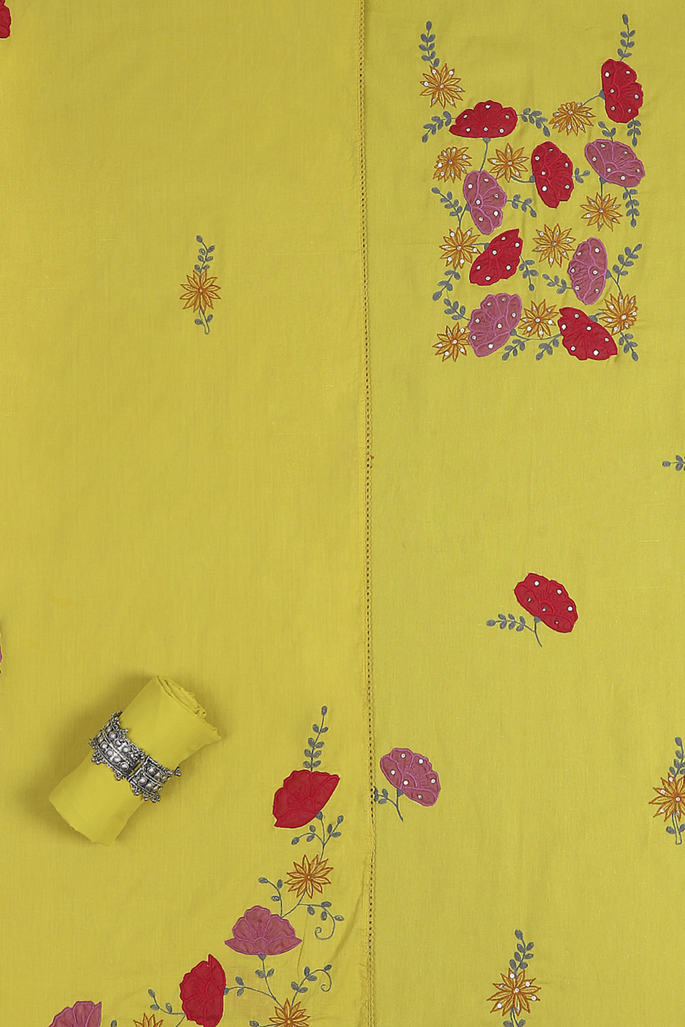 Yellow Cotton Applique Unstitched Suit Set image number 1