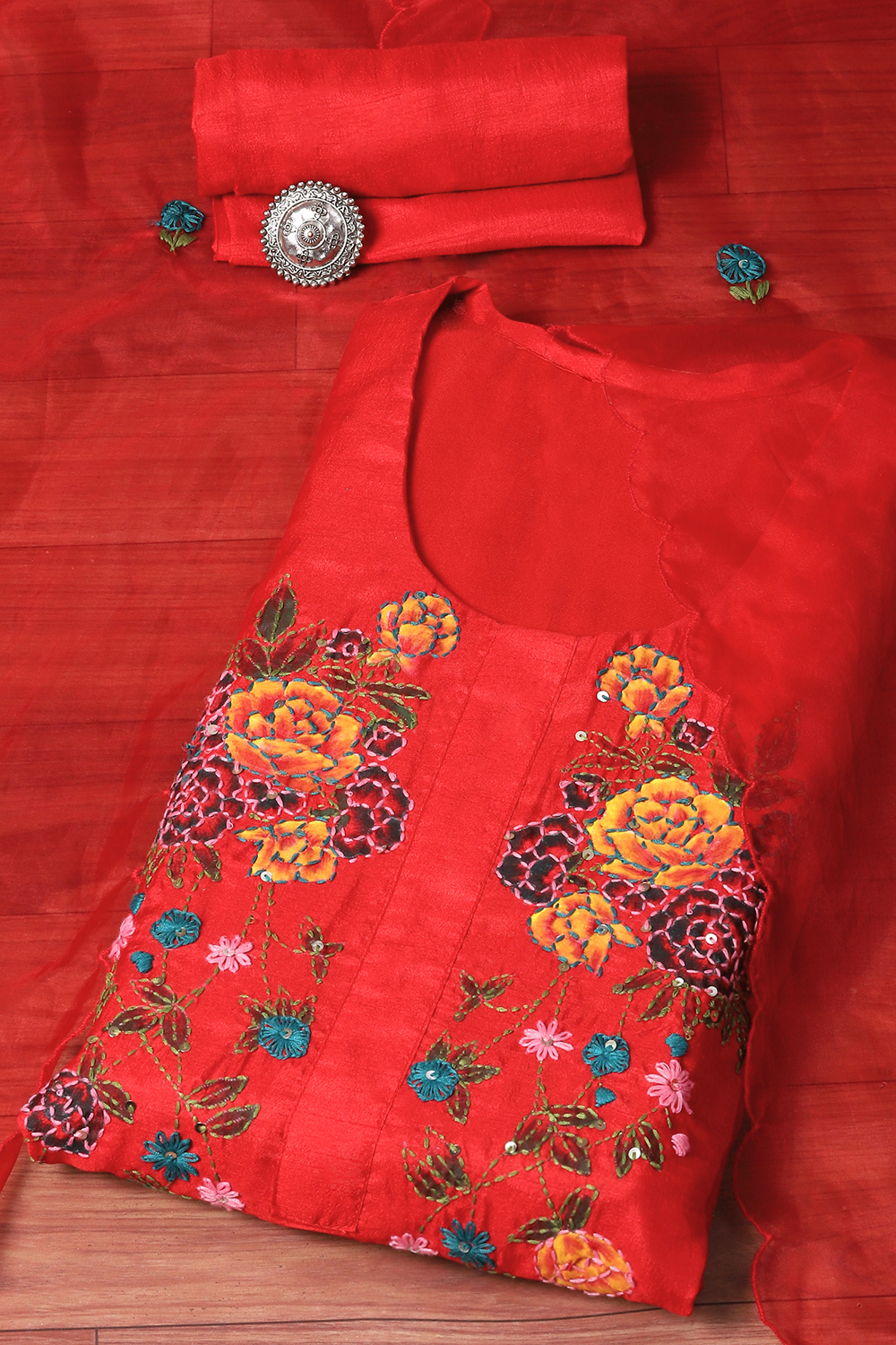 Red Silk Blend Hand Embroidered Unstitched Suit Set image number 0