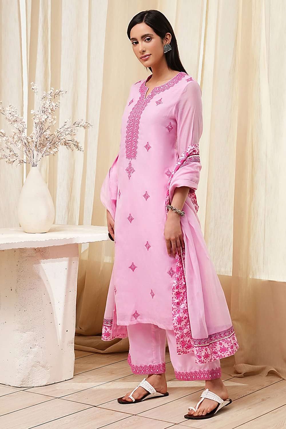 Pink Embroidered Straight Suit Set image number 3