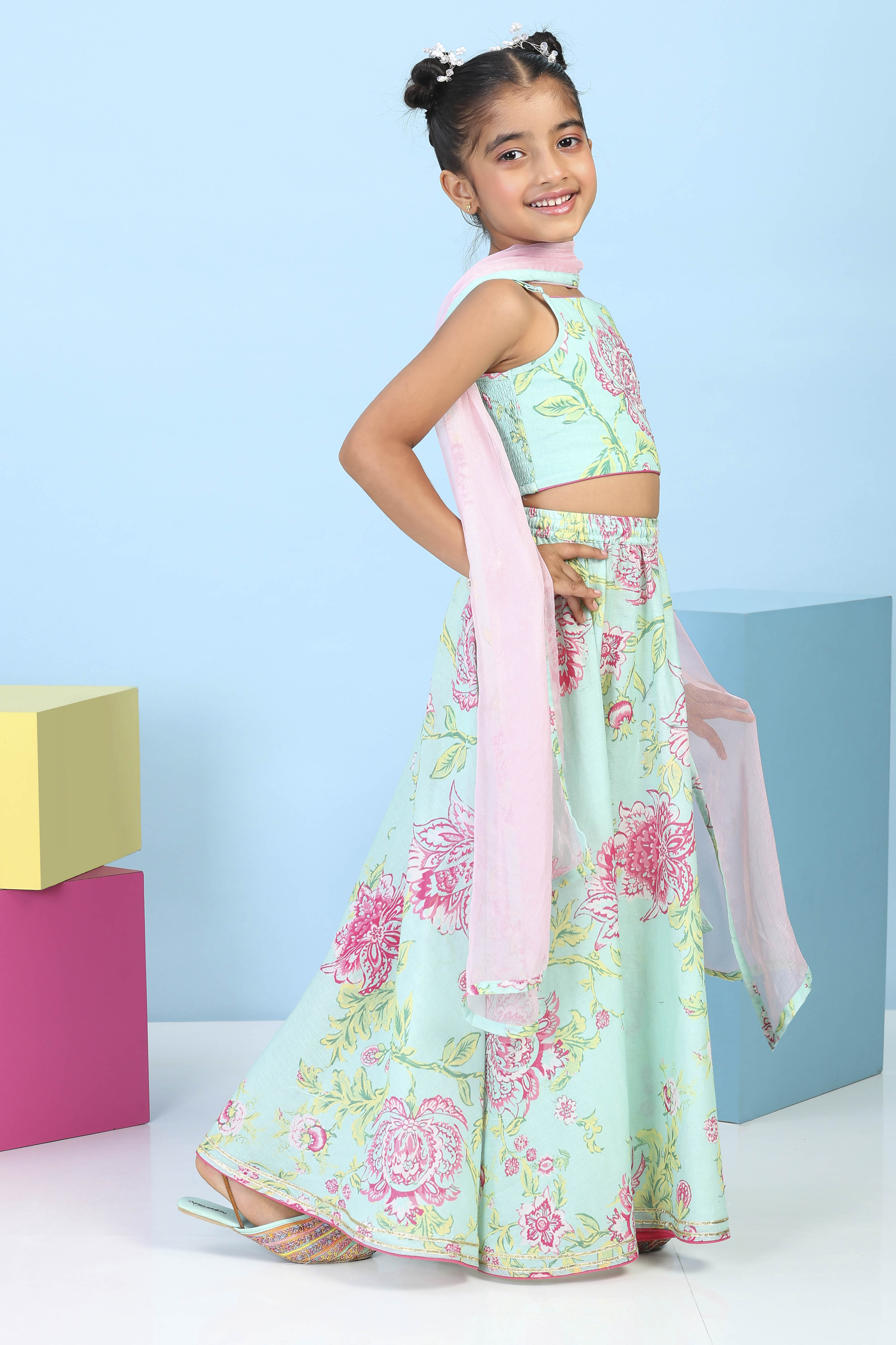 Aqua Cotton Printed Straight Lehenga Set image number 4