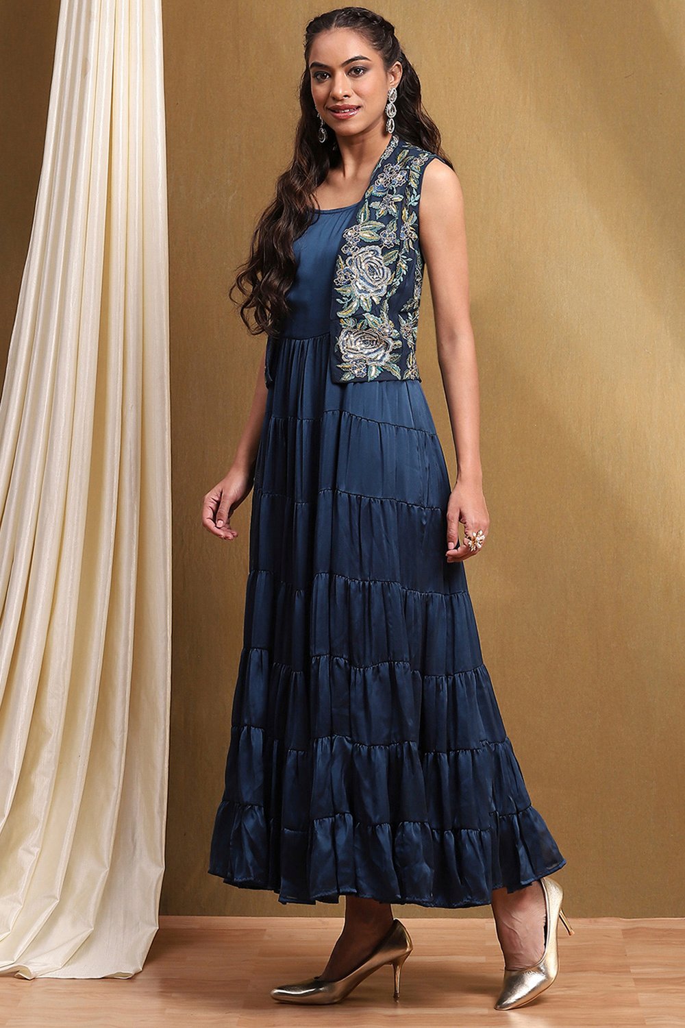Green Georgette Festive Tiered Anarkali Dress image number 2