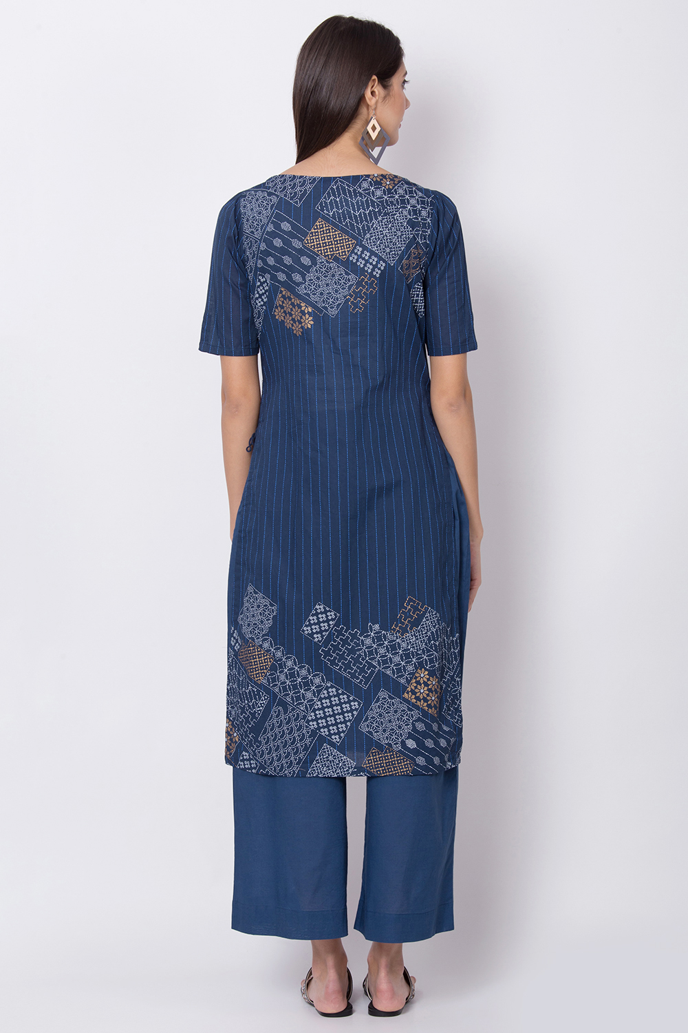 Indigo Cotton Straight Printed Kurta image number 4