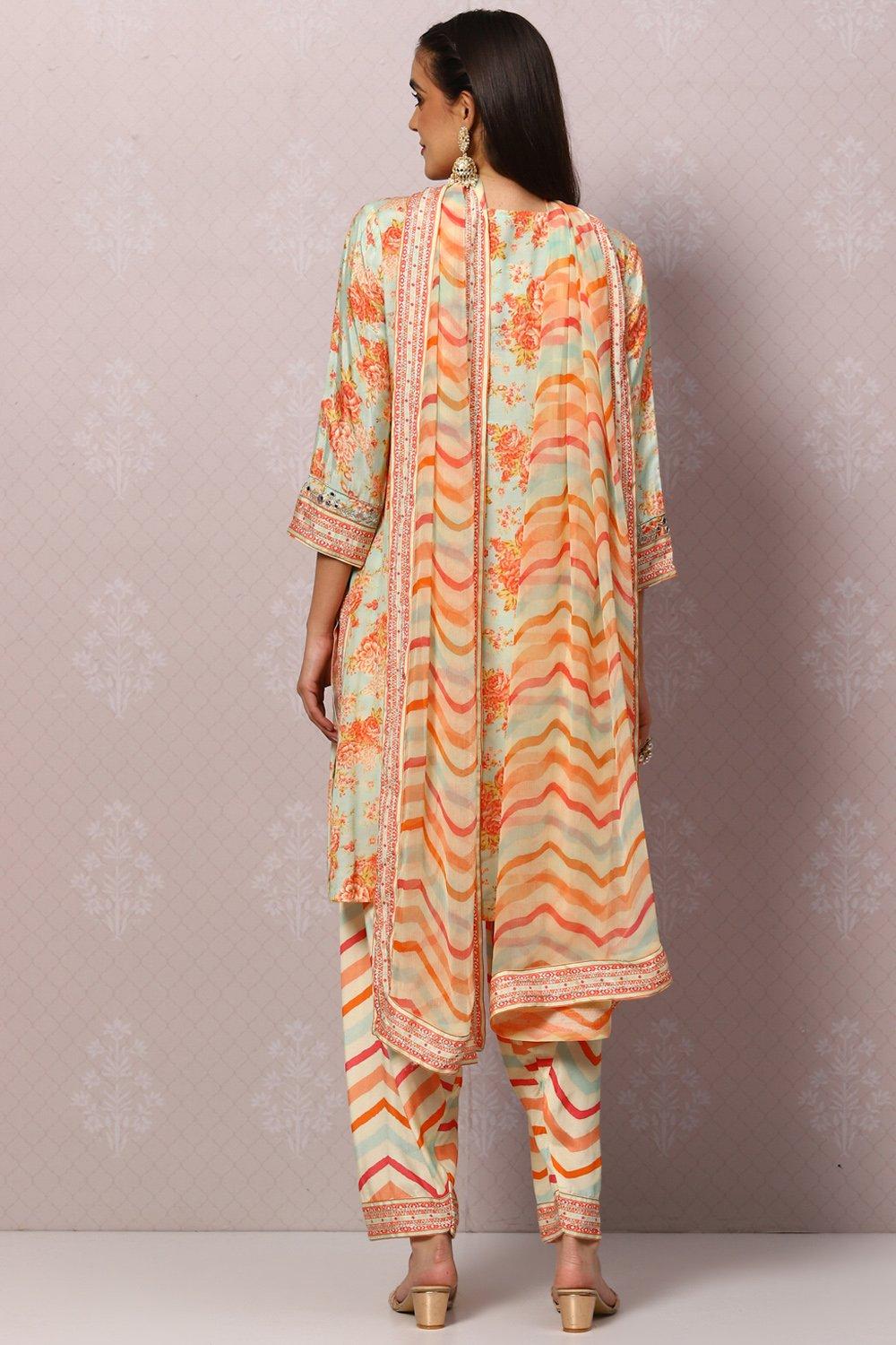 Sea Green Viscose Straight Kurta Salwar Pants Suit Set image number 4