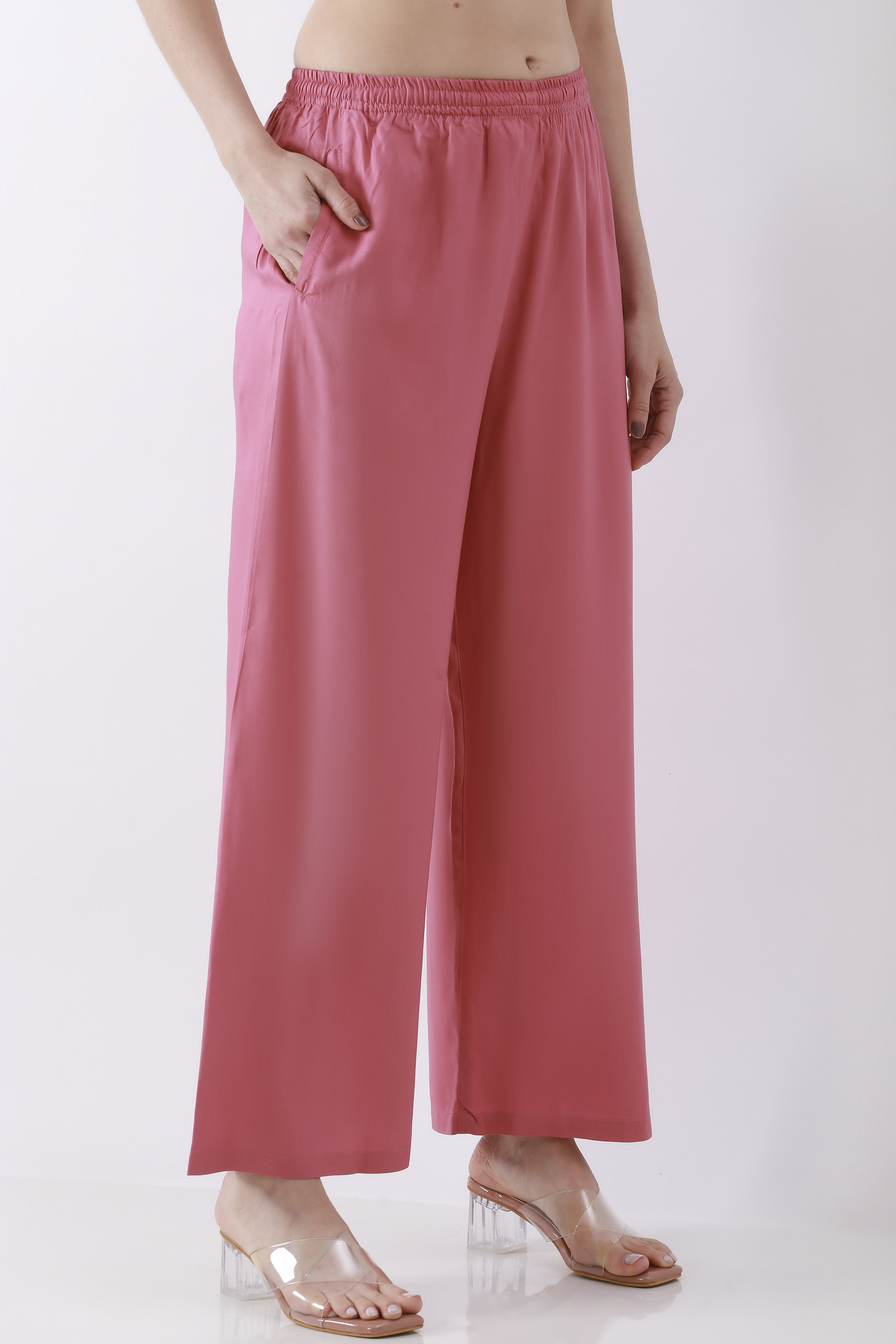 Light Pink Solid Straight Palazzos image number 3
