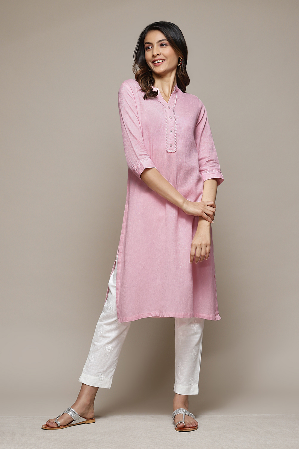 Pink Cotton Blend Straight Yarndyed Kurta image number 2