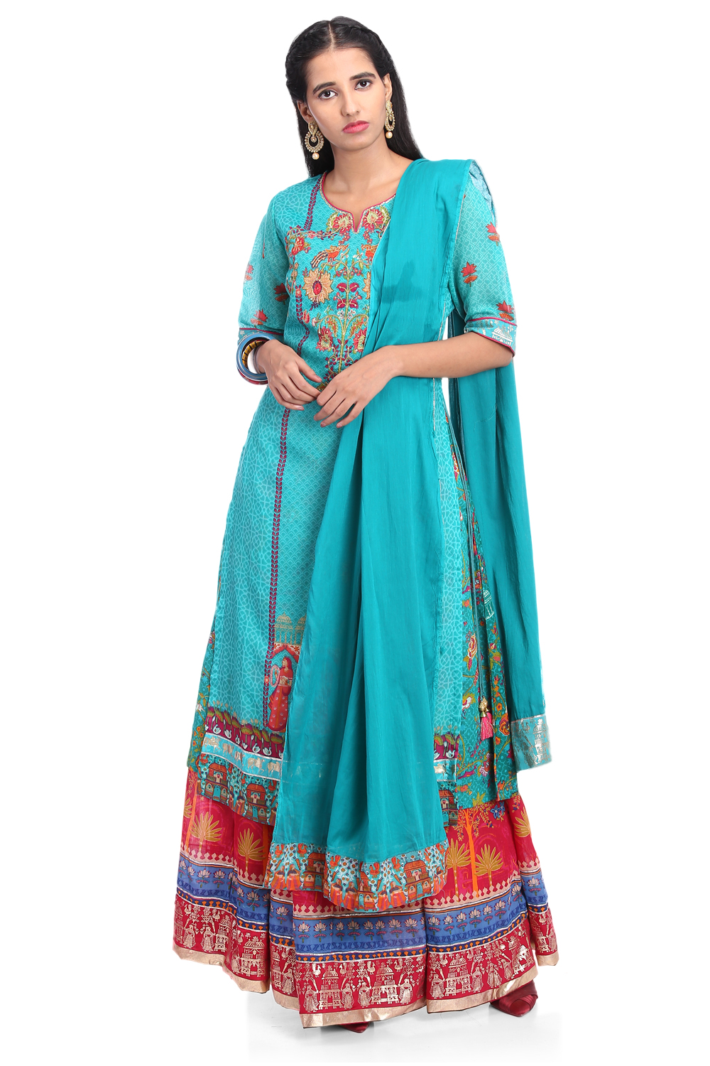 Teal Blue Art Silk A-Line Printed Kurta image number 3