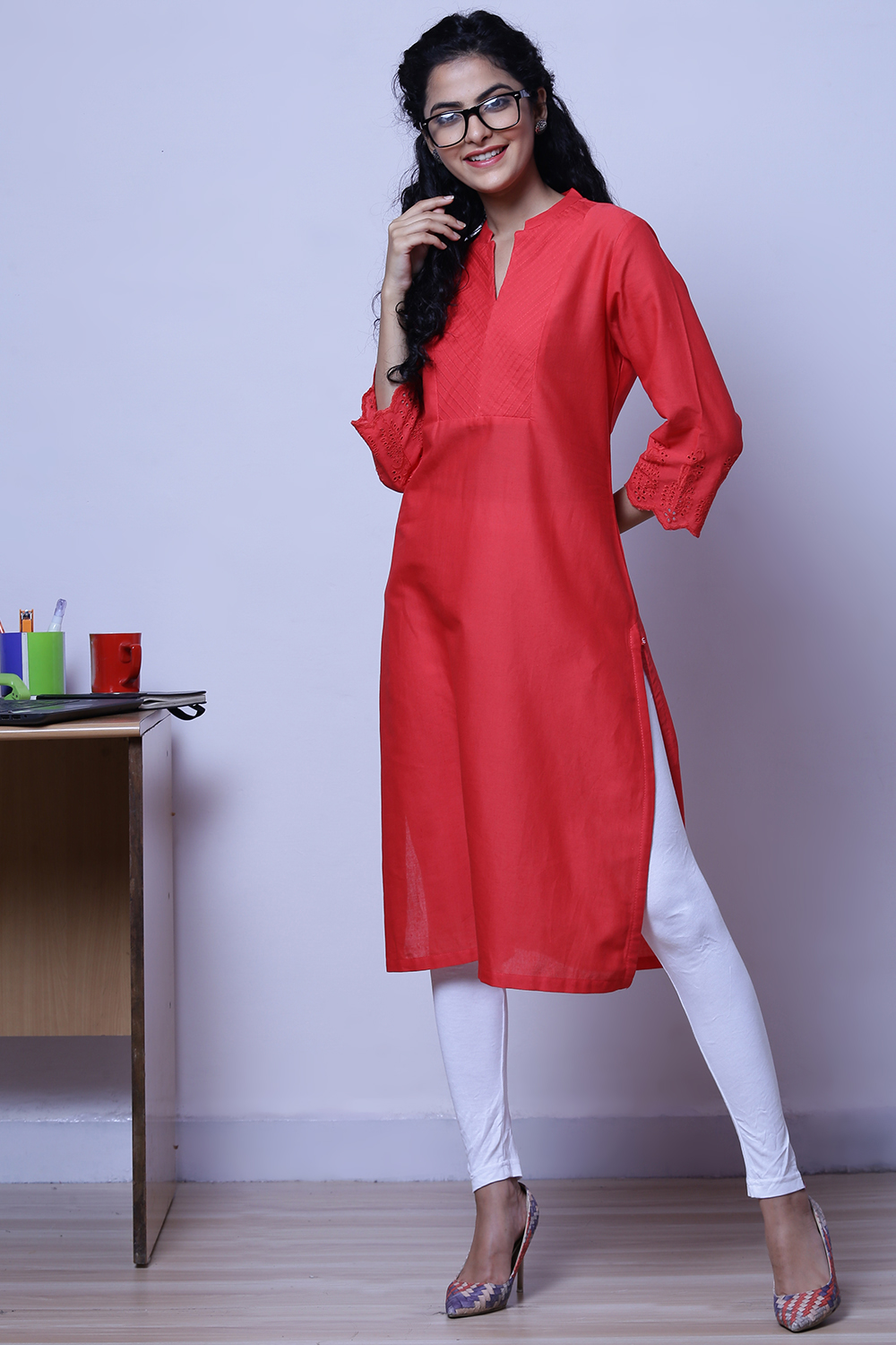 Coral Cotton Flax Kurta image number 4