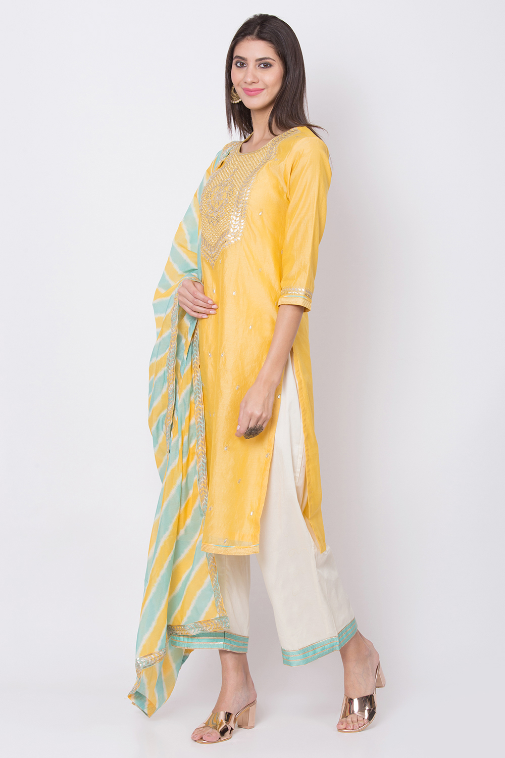 Yellow Art Silk Straight Kurta Palazzo Suit Set image number 2