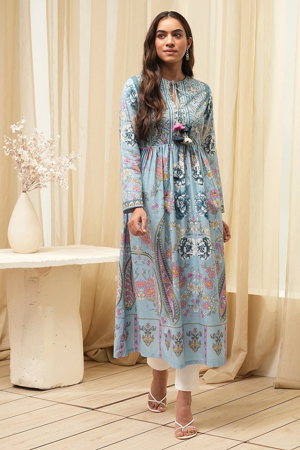Dull Blue Cotton Printed Flared Kurta image number 5