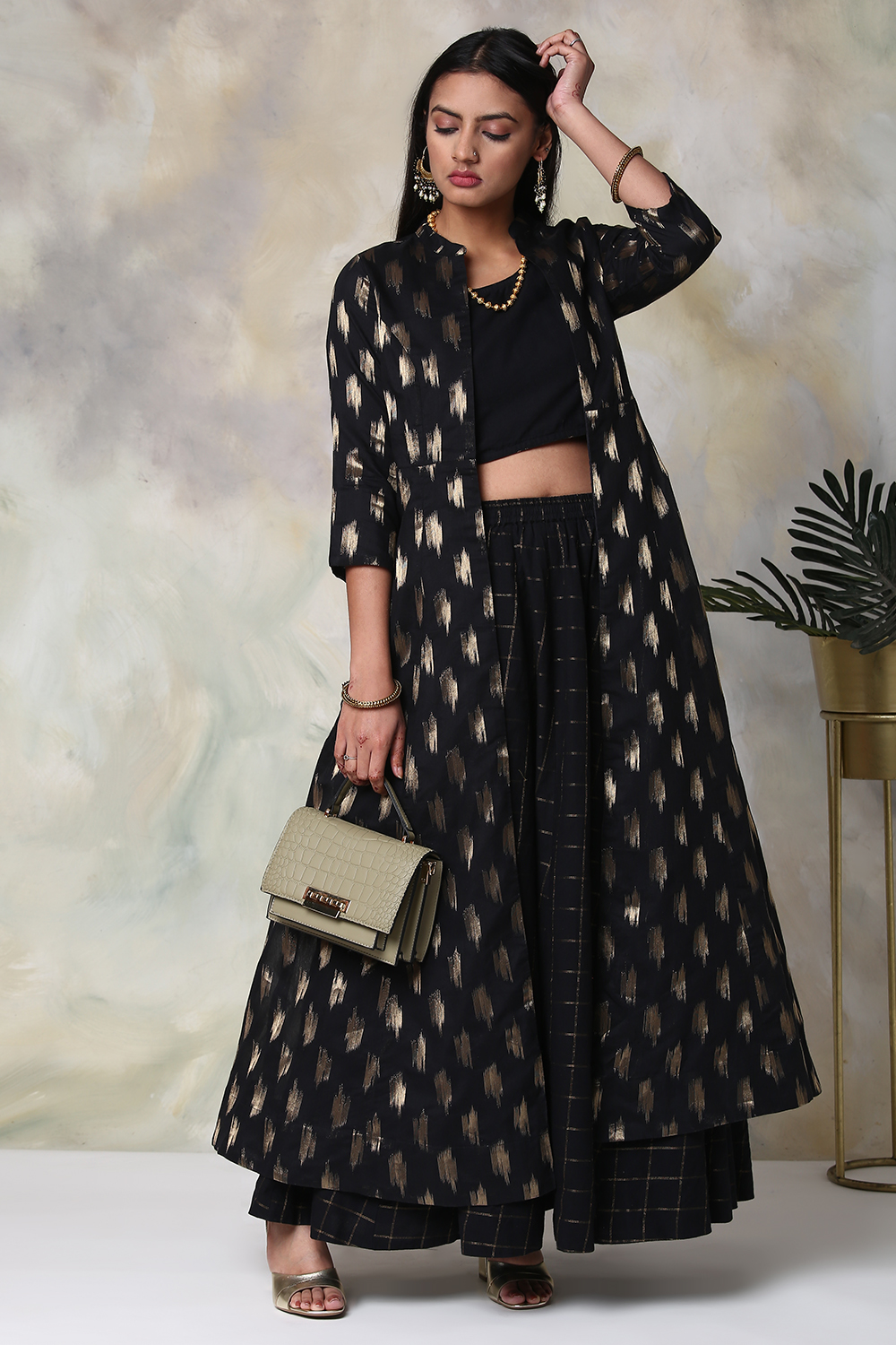 Black Cotton Three Piece Fusion Wear Set image number 5