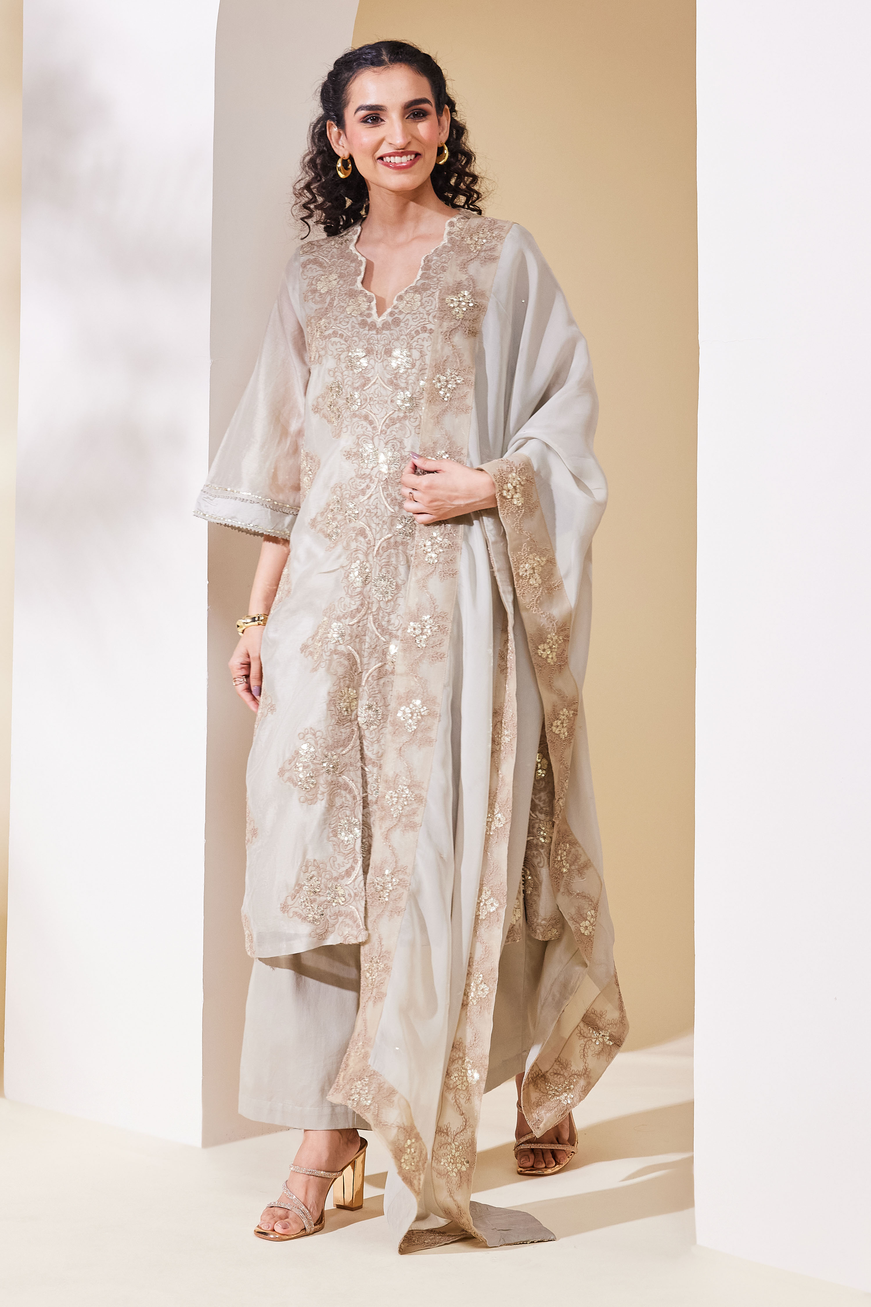 Beige Cotton Blend Straight Embroidered Suit Set image number 0
