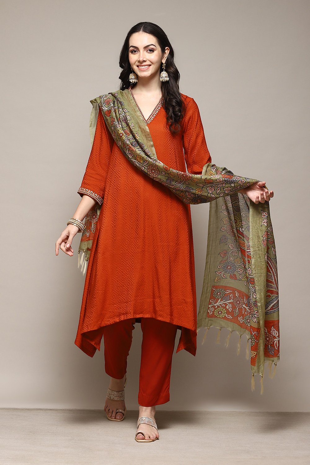 Burnt Orange LIVA Asymmetric Kurta Slim Pant Suit Set image number 0