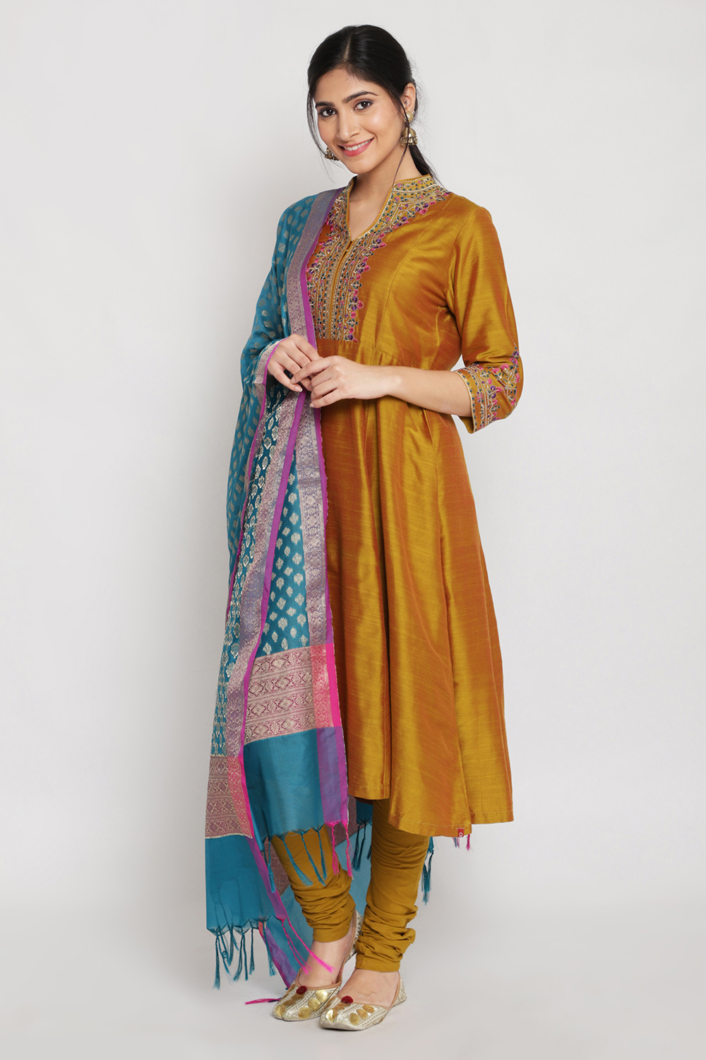 Mustard Poly Viscose A-Line Kurta Churidar Suit Set image number 2