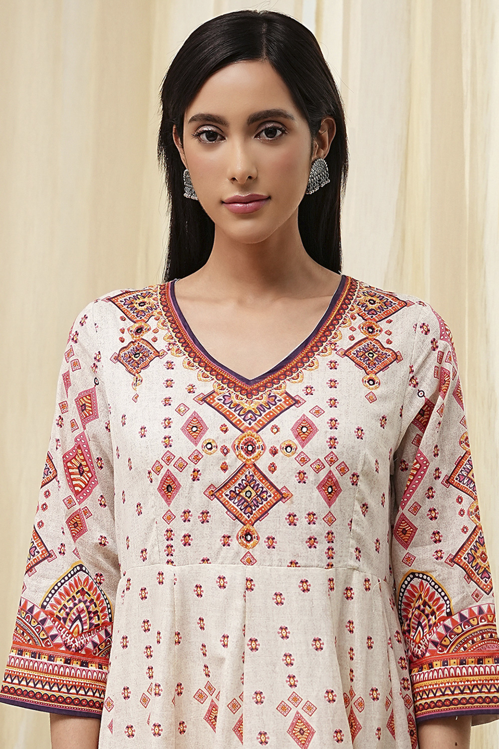 Ecru Cotton Printed Anarkali Suit Set image number 1