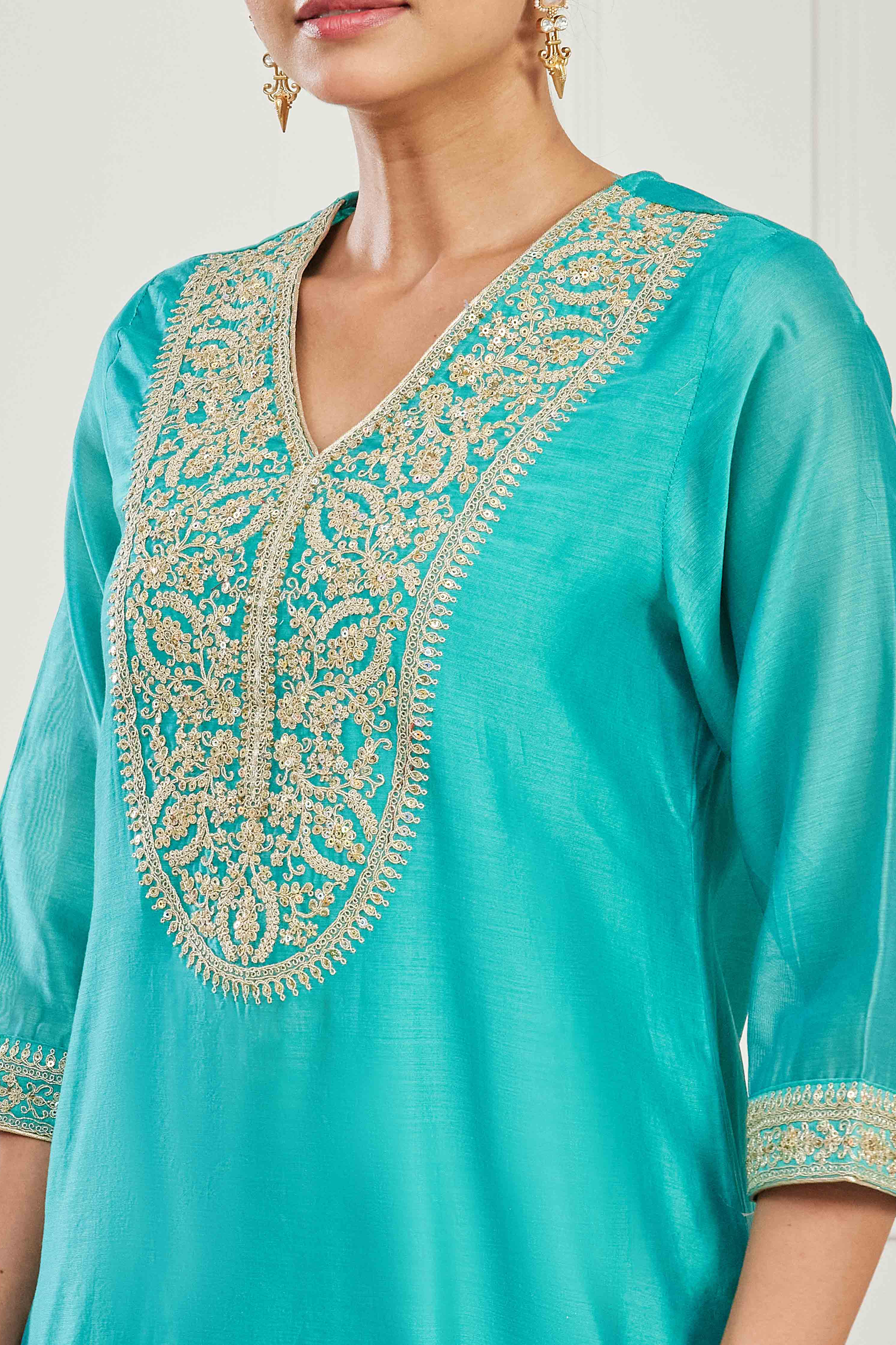 Turquoise Cotton Silk Straight Suit Set image number 1